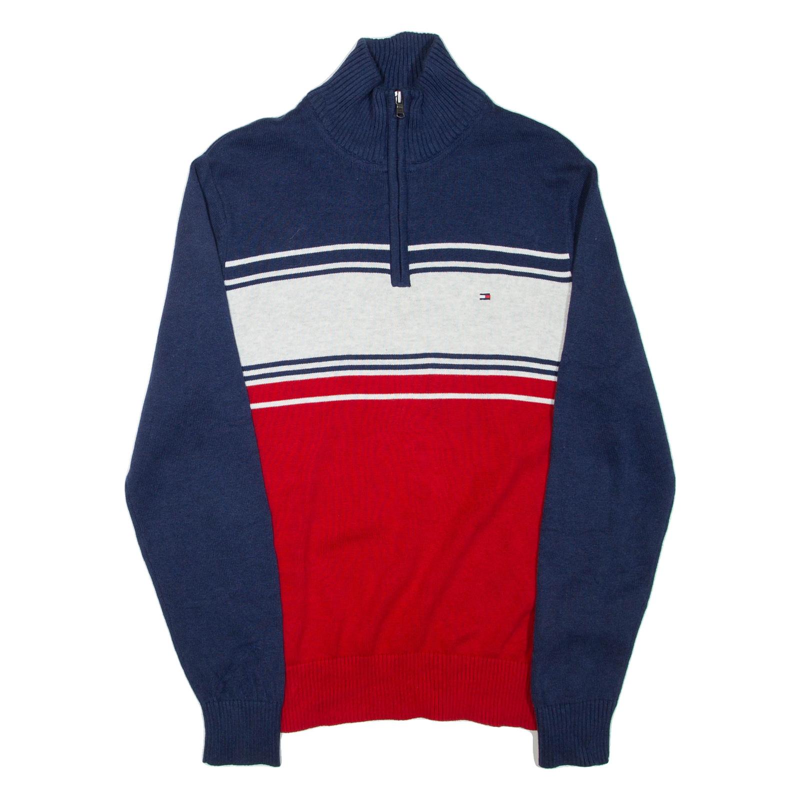 TOMMY HILFIGER Mens Patterned Jumper Blue Colourblock 1/4 Zip Tight Knit S Refurbished - N/A refurbished available on Cerqular