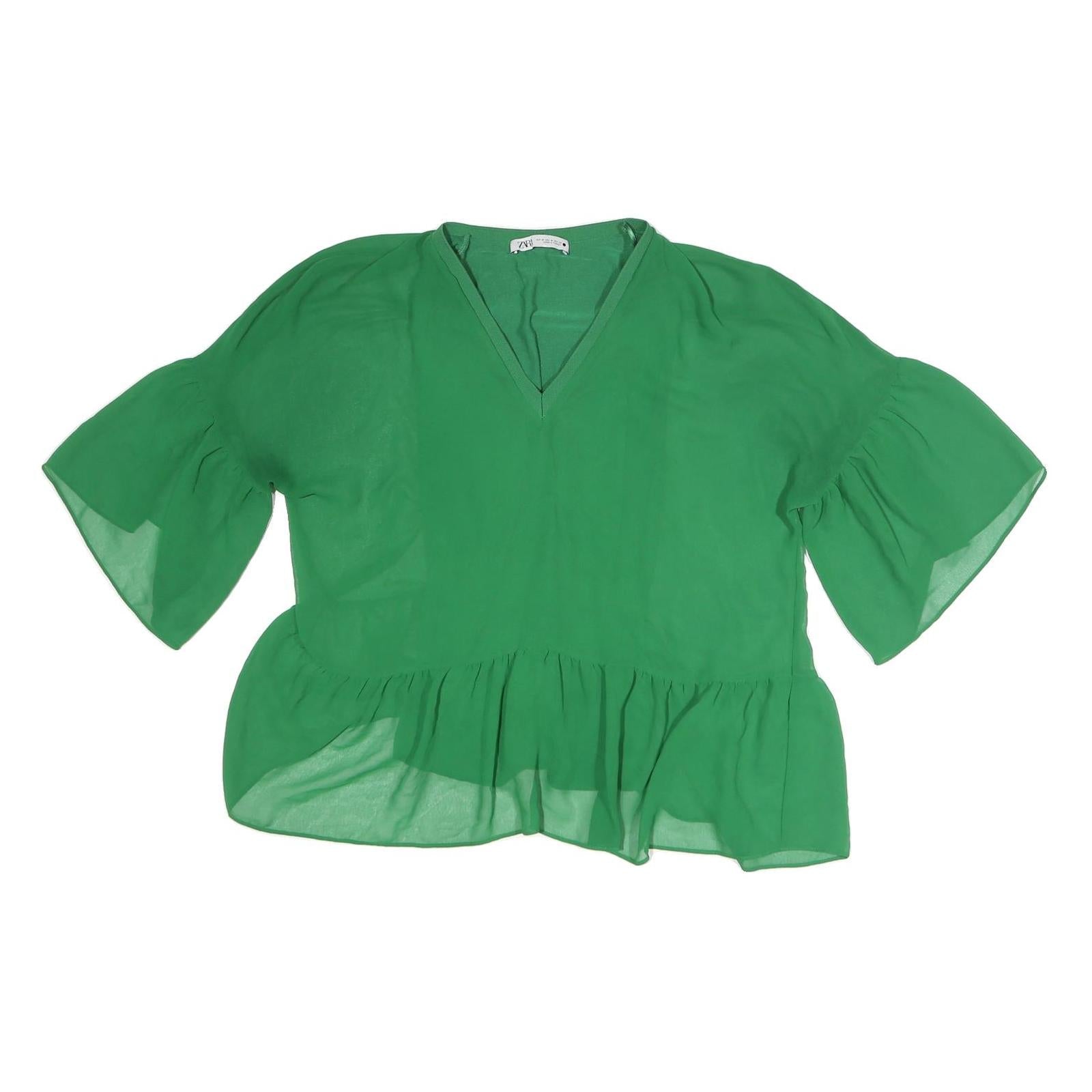 ZARA Womens Green Blouse Short Sleeve V-Neck Peplum Top M Lightweight Refurbished - N/A refurbished available on Cerqular