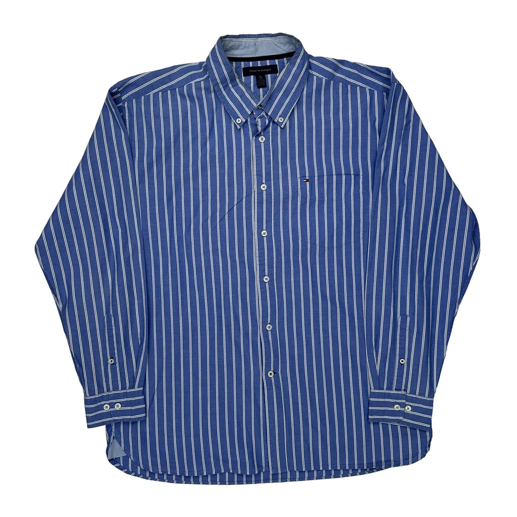 Tommy Hilfiger Striped Shirt - XL Blue Cotton Refurbished - Thrifted (note: this is a term often used to describe second- refurbished available on Cerqular