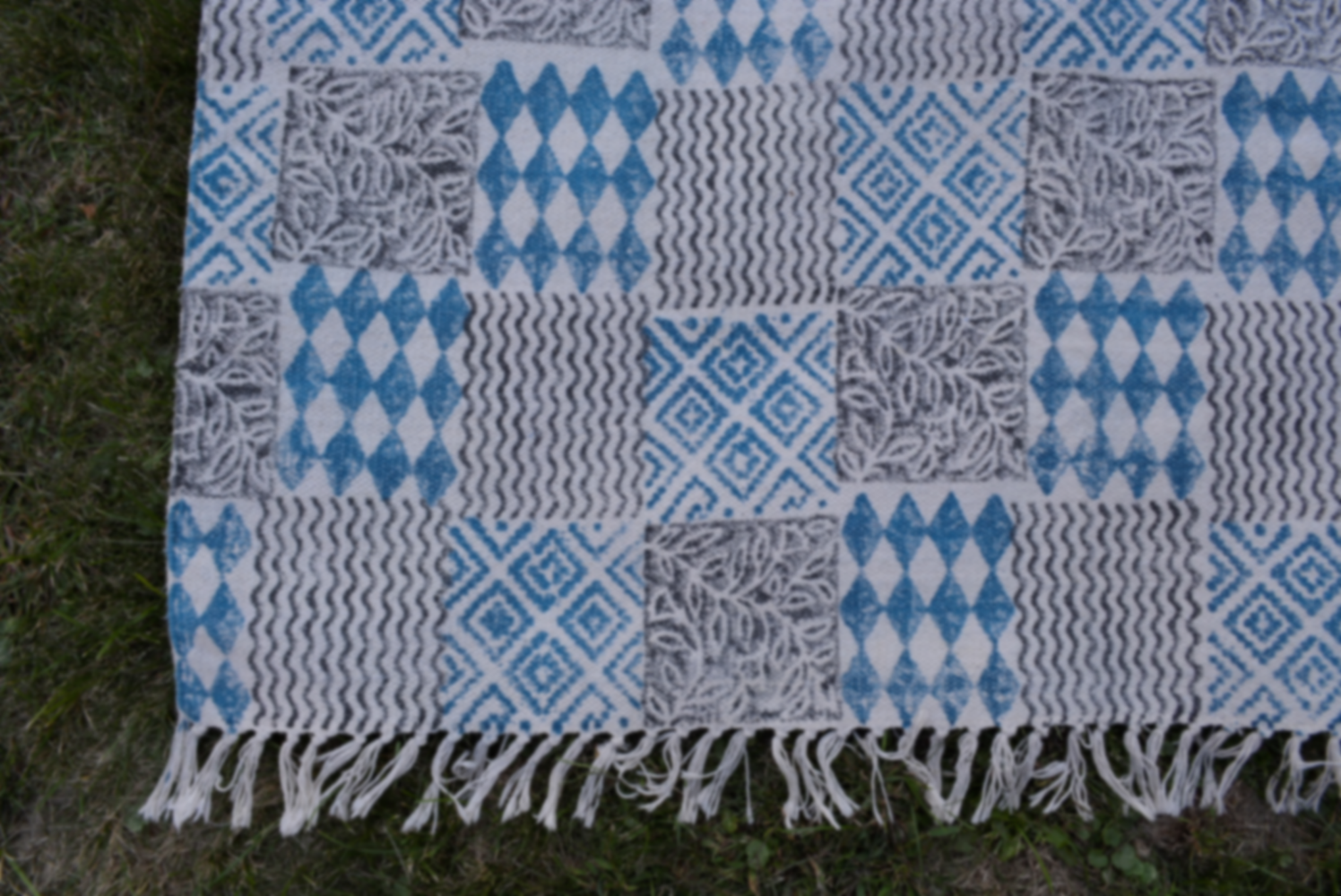 INDIGO DYED HANDWOVEN BLOCK PRINTED COTTON RUG WITH FLORAL DESIGN Refurbished - N/A refurbished available on Cerqular