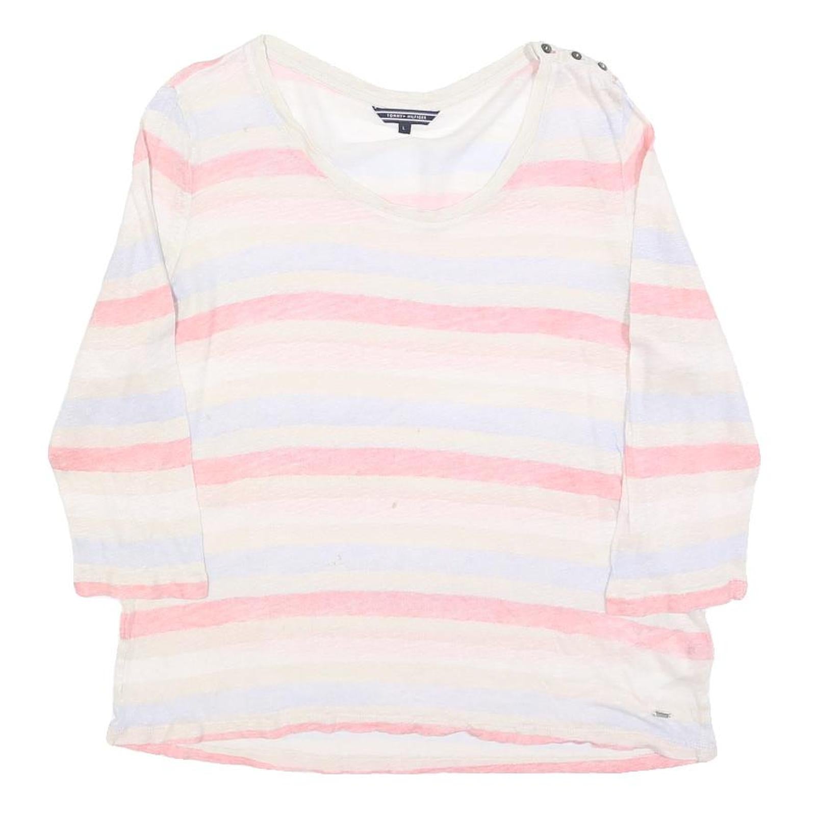 Buy TOMMY HILFIGER Womens White Pink Blue Striped Basic Top 3/4 Sleeve Round Neck L Refurbished - $24.69 TOMMY HILFIGER Womens White Pink Blue Striped Basic Top 3/4 Sleeve Round Neck L Refurbished - N/A refurbished available on Cerqular