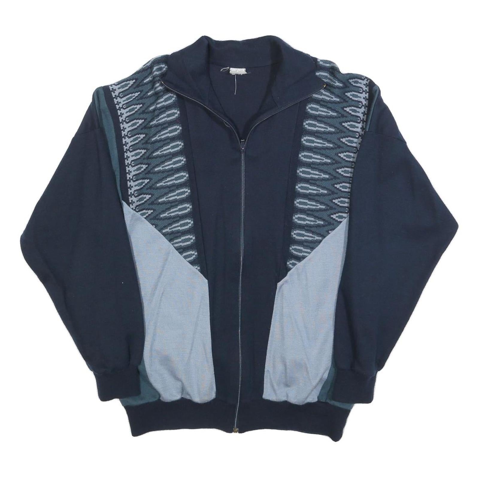 Mens Navy Blue Patterned Full Zip Jumper L Retro Vintage Style Refurbished - N/A refurbished available on Cerqular