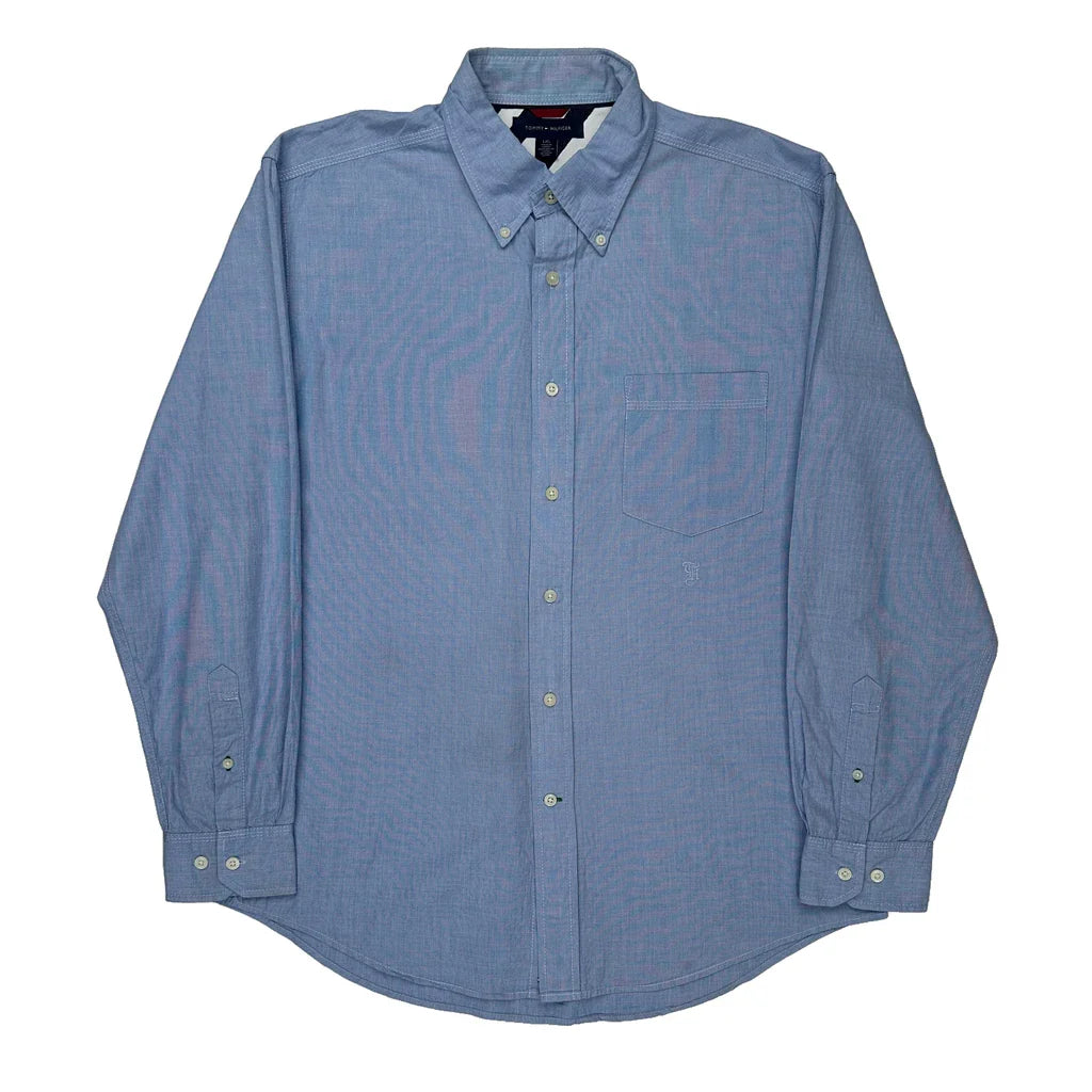 Tommy Hilfiger Shirt - Large Blue Cotton Refurbished - Thrifted (note: this is a term often used to describe second- refurbished available on Cerqular