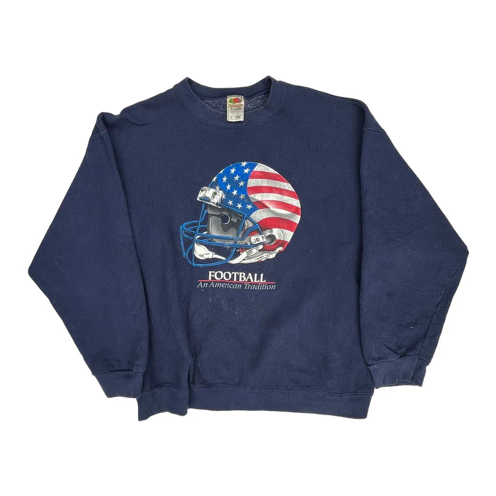 An American Tradition Fruit Of The Loom Football Sweatshirt - XL Navy Cotton Refurbished - Thrifted (note: this is a term often used to describe second- refurbished available on Cerqular