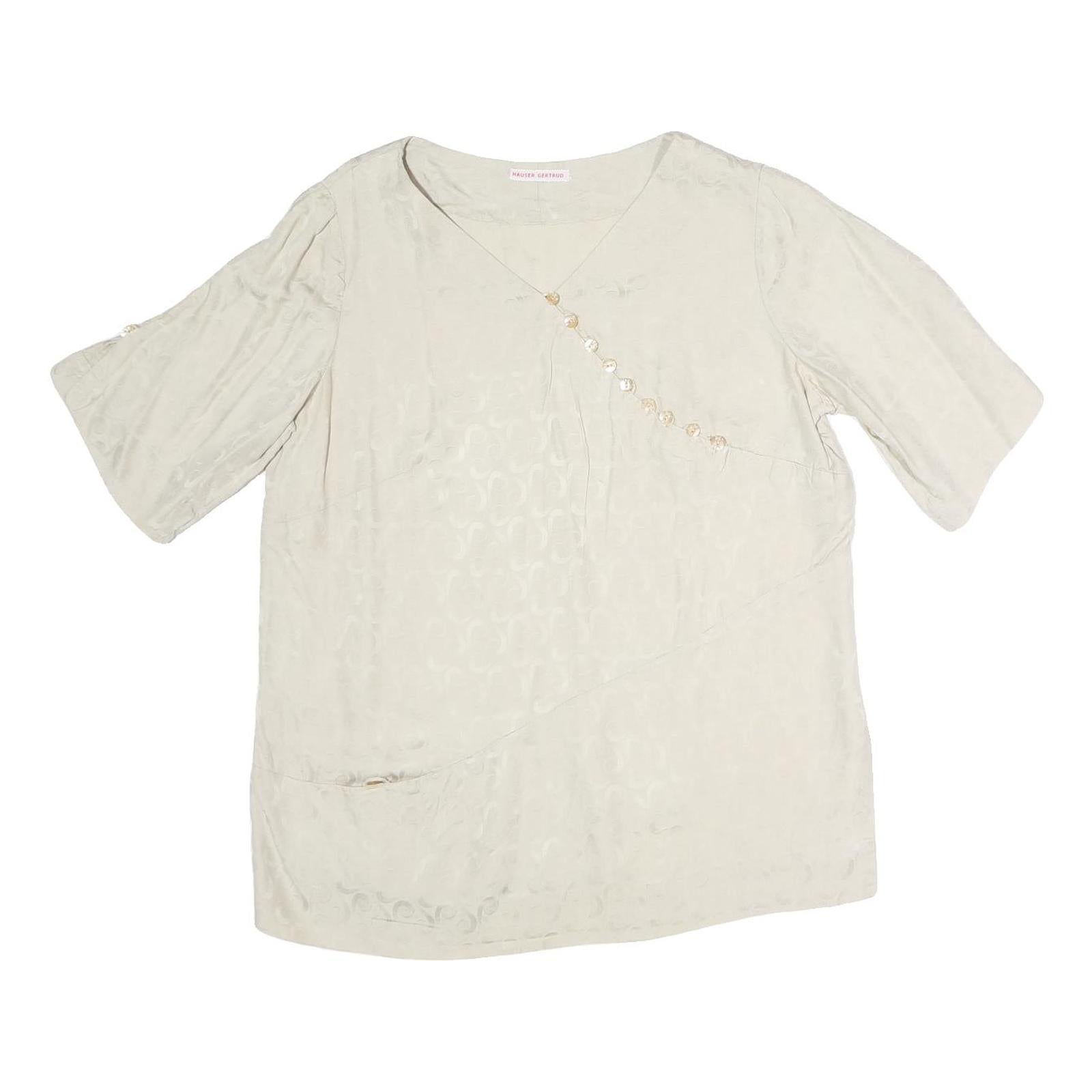 GERTRUD Womens Cream Printed Top Short Sleeve V Neck M Elegant Button Detail Refurbished - N/A refurbished available on Cerqular