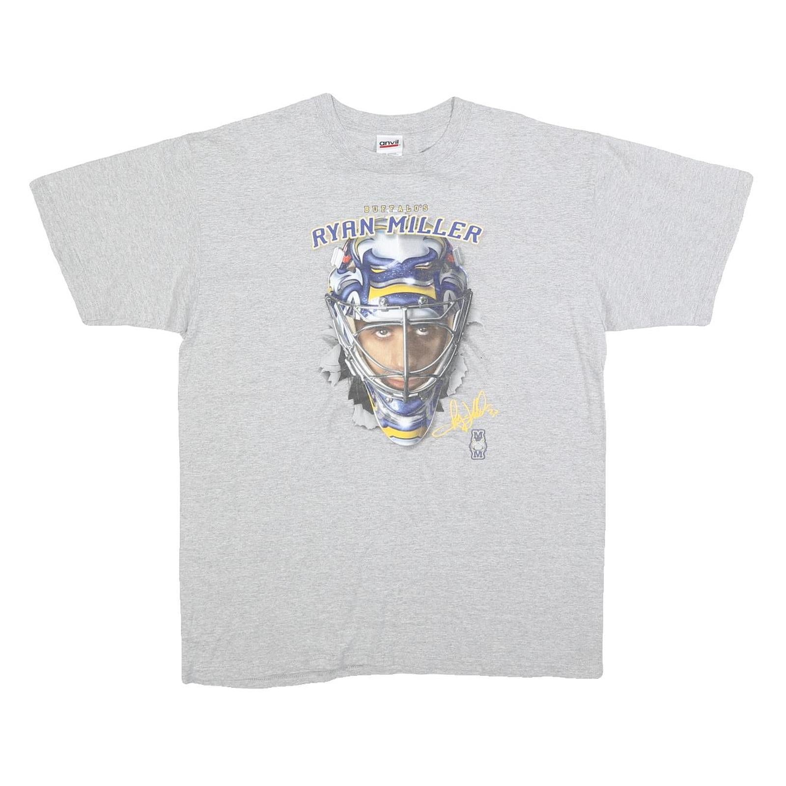 ANVIL Mens Grey Ryan Miller Graphic T-Shirt L Short Sleeve Crew Neck Hockey Refurbished - N/A refurbished available on Cerqular