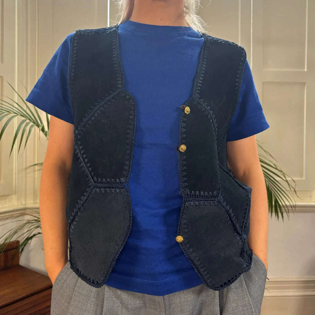 Dress Waistcoat - Medium Navy Suede Refurbished - Thrifted (note: this is a term often used to describe second- refurbished available on Cerqular