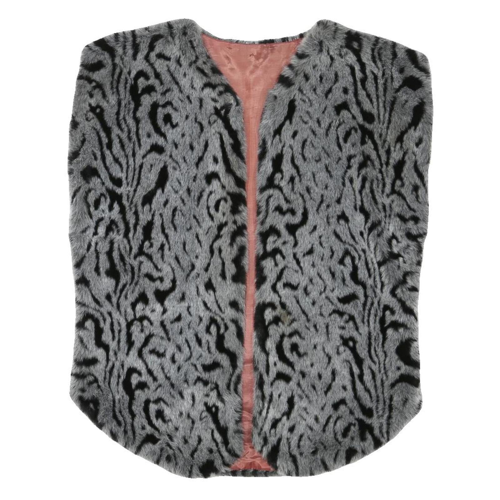 Womens Grey Black Animal Print Faux Fur Jacket L Polyester Blend Sleeveless Open Refurbished - N/A refurbished available on Cerqular
