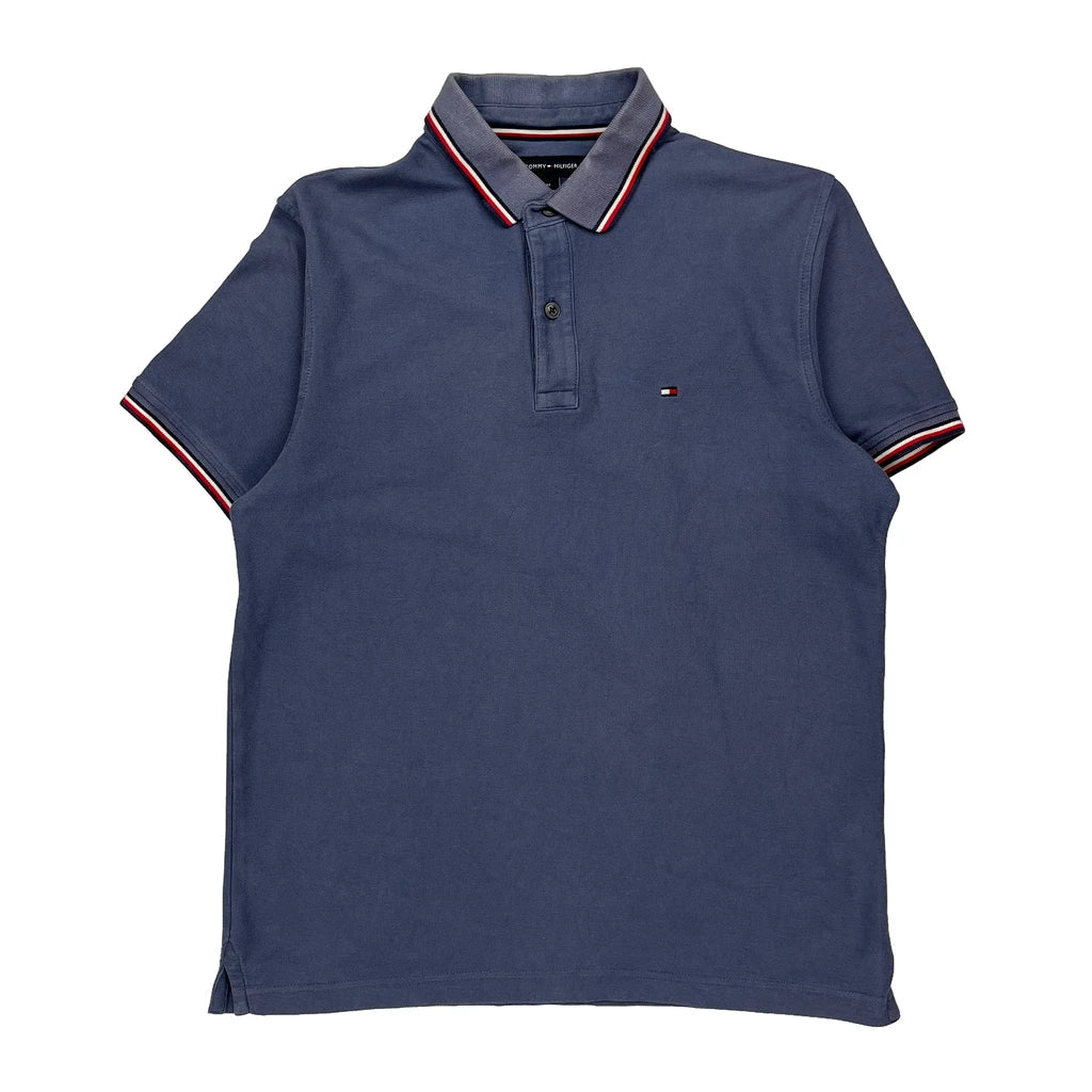 Tommy Hilfiger Striped Polo Shirt - Medium Blue Cotton Refurbished - Thrifted (note: this is a term often used to describe second- refurbished available on Cerqular