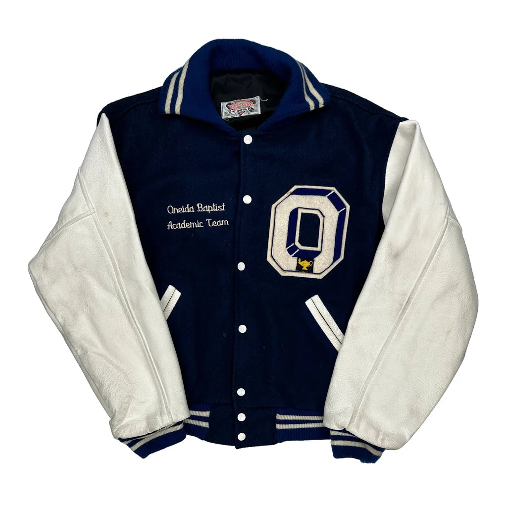 Oneida Baptist Academic Team Keystone College Varsity Jacket - 2XL Blue Wool Blend Refurbished - Thrifted (note: this is a term often used to describe second- refurbished available on Cerqular