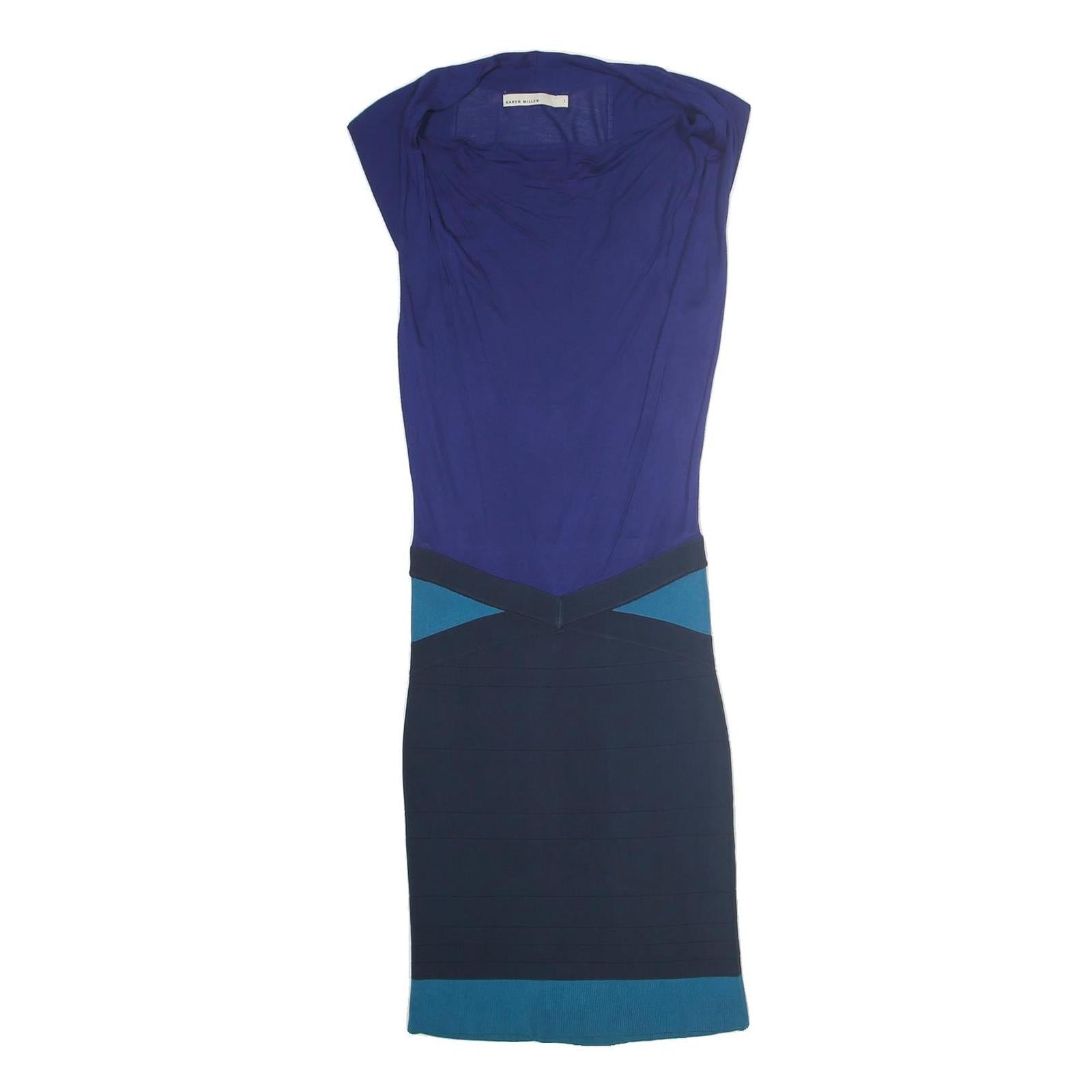 KAREN MILLEN Womens Blue Navy Fit & Flare Cotton Blend Dress S Colourblock Knee Refurbished - N/A refurbished available on Cerqular