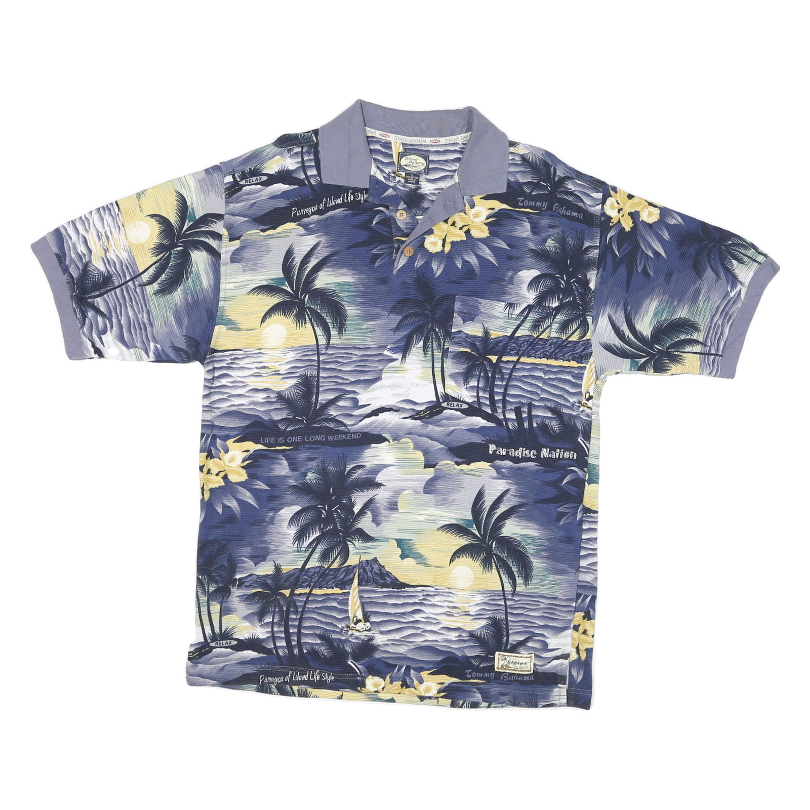TOMMY BAHAMA Mens Blue & Yellow Hawaiian Print Short Sleeve Polo Shirt S Island Refurbished - N/A refurbished available on Cerqular