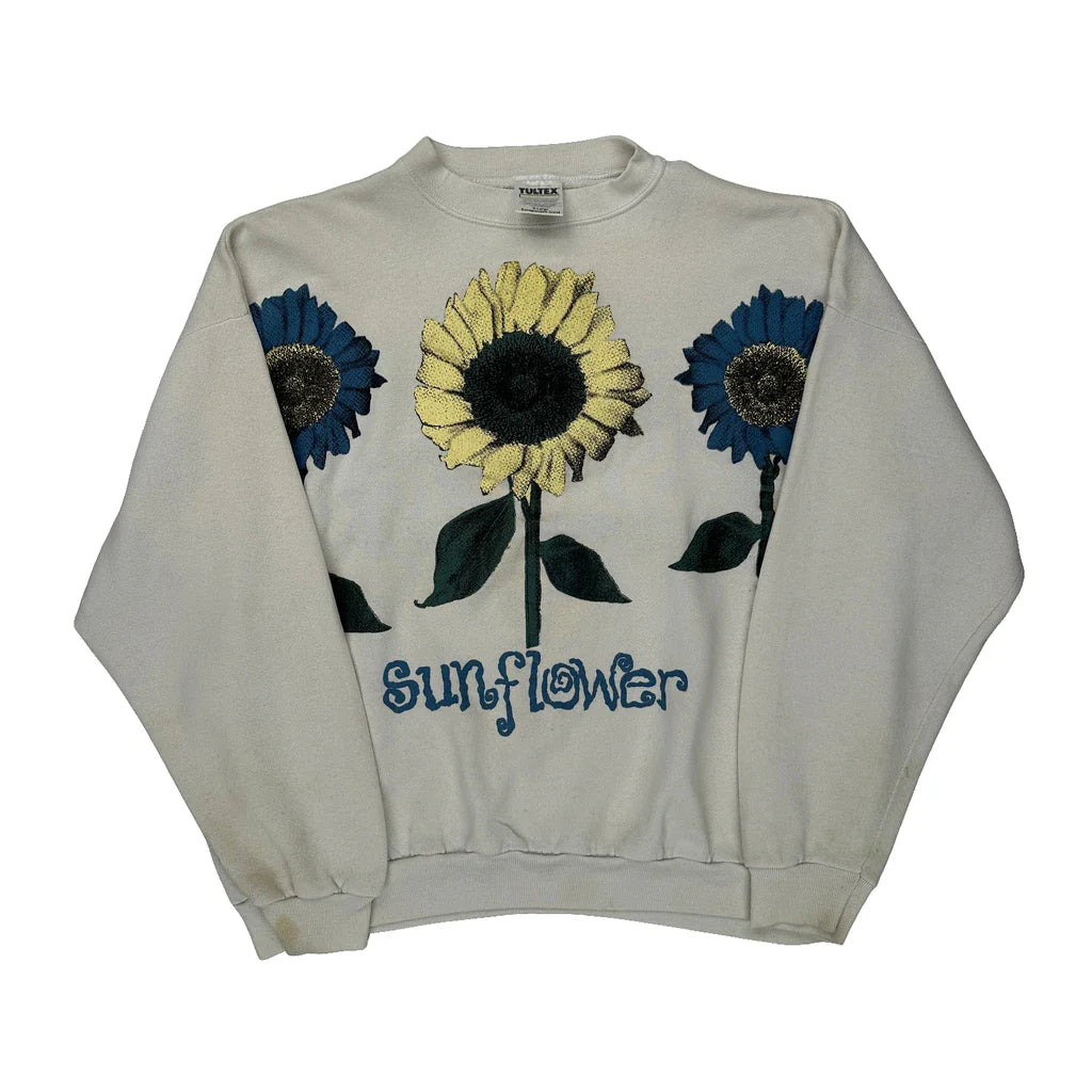 Sunflower Tultex Floral Sweatshirt - XL Blue Cotton Blend Refurbished - Thrifted (note: this is a term often used to describe second- refurbished available on Cerqular