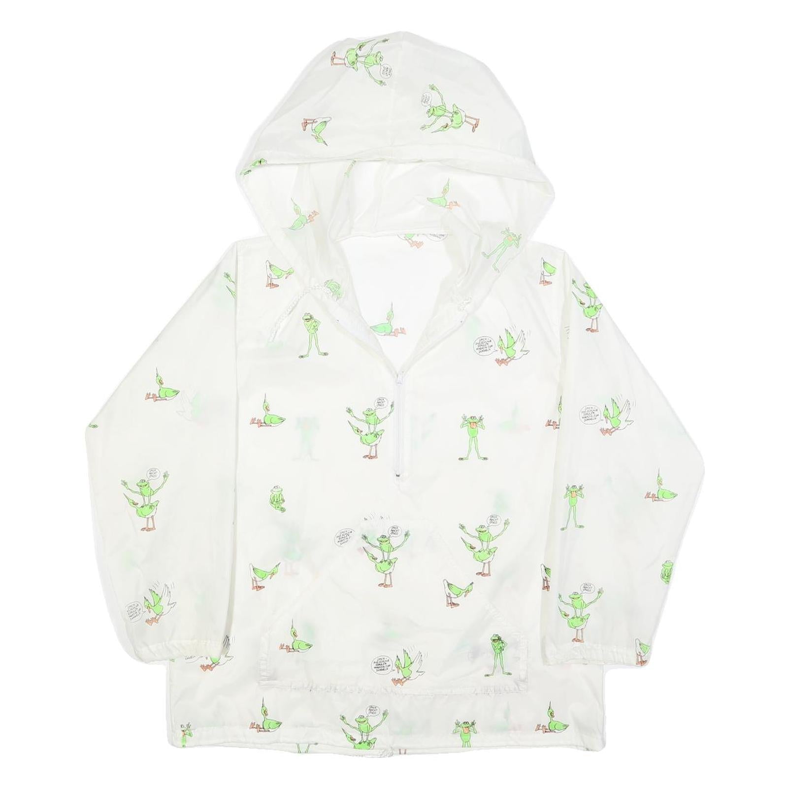 Womens White Green Cartoon Print Hooded Windbreaker Jacket M Polyester Refurbished - N/A refurbished available on Cerqular