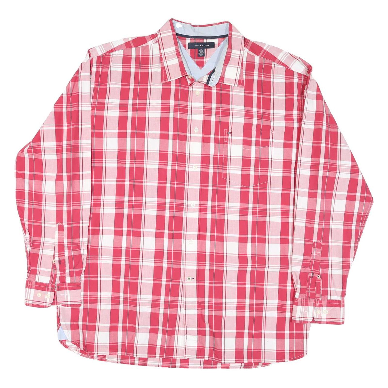 TOMMY HILFIGER Mens Red & White Checked Shirt XL Classic Cotton Blend Button-Up Refurbished - N/A refurbished available on Cerqular