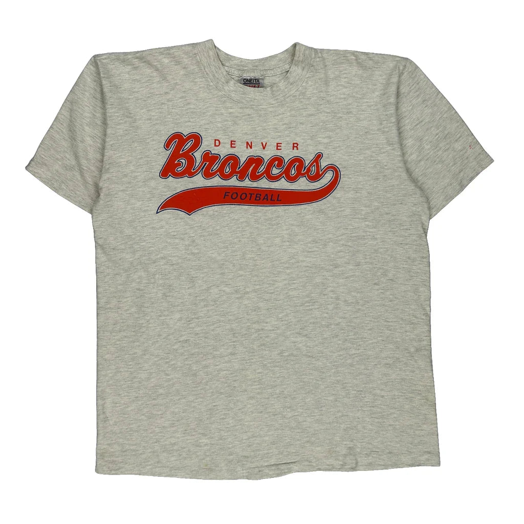 Denver Broncos Oneita Single Stitch T-Shirt - XL Grey Cotton Refurbished - Thrifted (note: this is a term often used to describe second- refurbished available on Cerqular