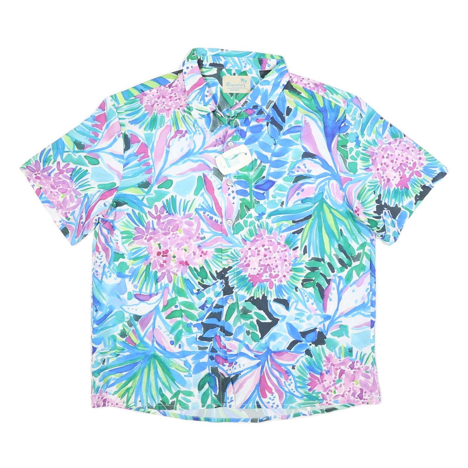 RAYARIA Mens Blue & Pink Floral Print Shirt L Polyester Blend Summer Casual Refurbished - N/A refurbished available on Cerqular