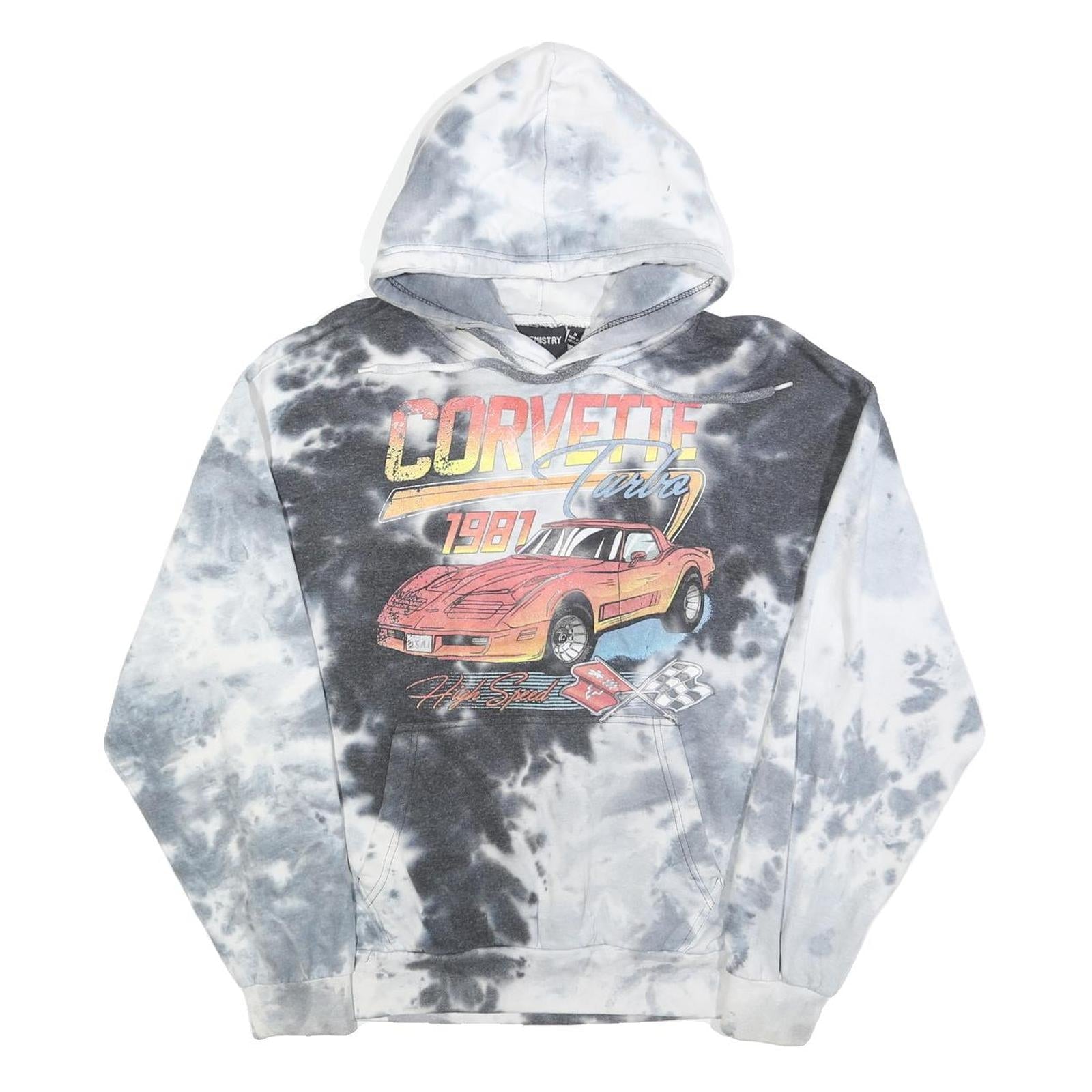 CHEMISTRY Mens Black & White Tie Dye Corvette 1981 Pullover Hoodie M Retro Car Refurbished - N/A refurbished available on Cerqular
