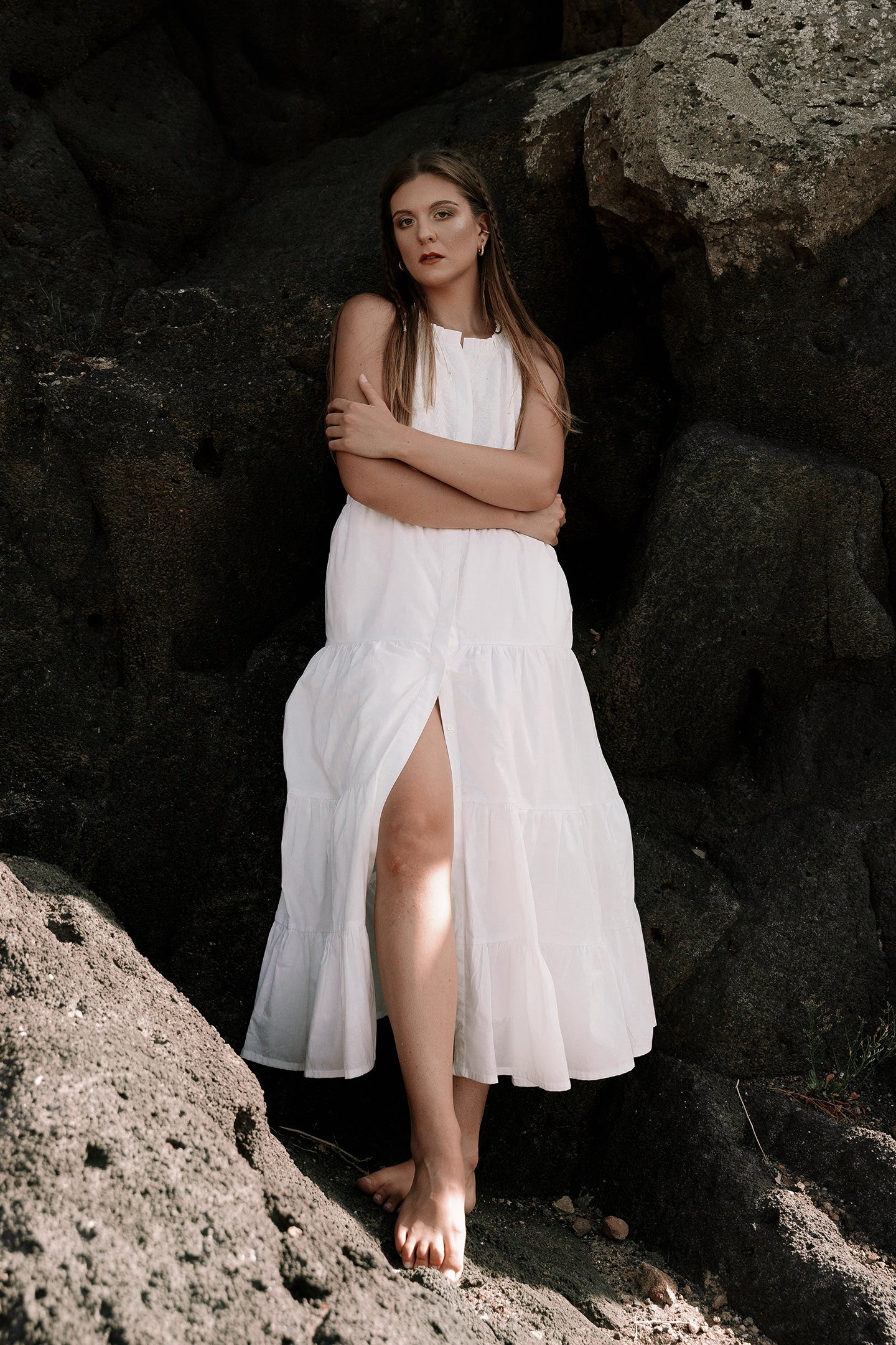 Sleeveless embroidered tiered maxi dress | Color: Coconut White | Size: L Refurbished - Resistor (Note: This is a generic term for an electronic component, refurbished available on Cerqular