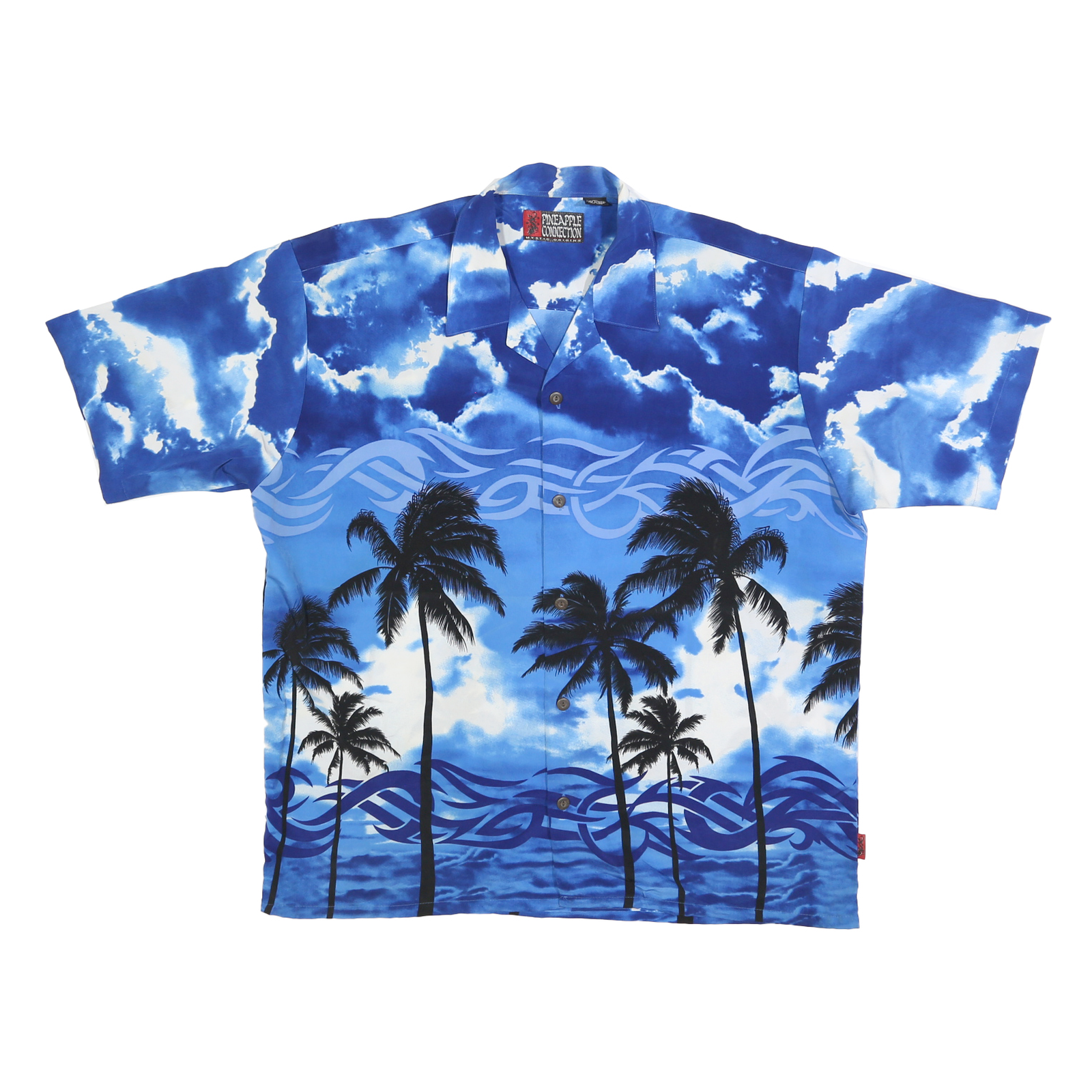PINEAPPLE COLLECTION Mens Blue Hawaiian Shirt L Tropical Palm Tree Print Refurbished - N/A refurbished available on Cerqular