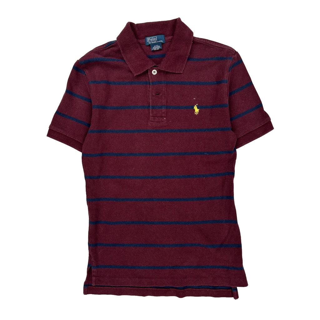 Age 8-9 Polo By Ralph Lauren Striped Polo Shirt - Medium Burgundy Cotton Refurbished - Thrifted (note: this is a term often used to describe second- refurbished available on Cerqular