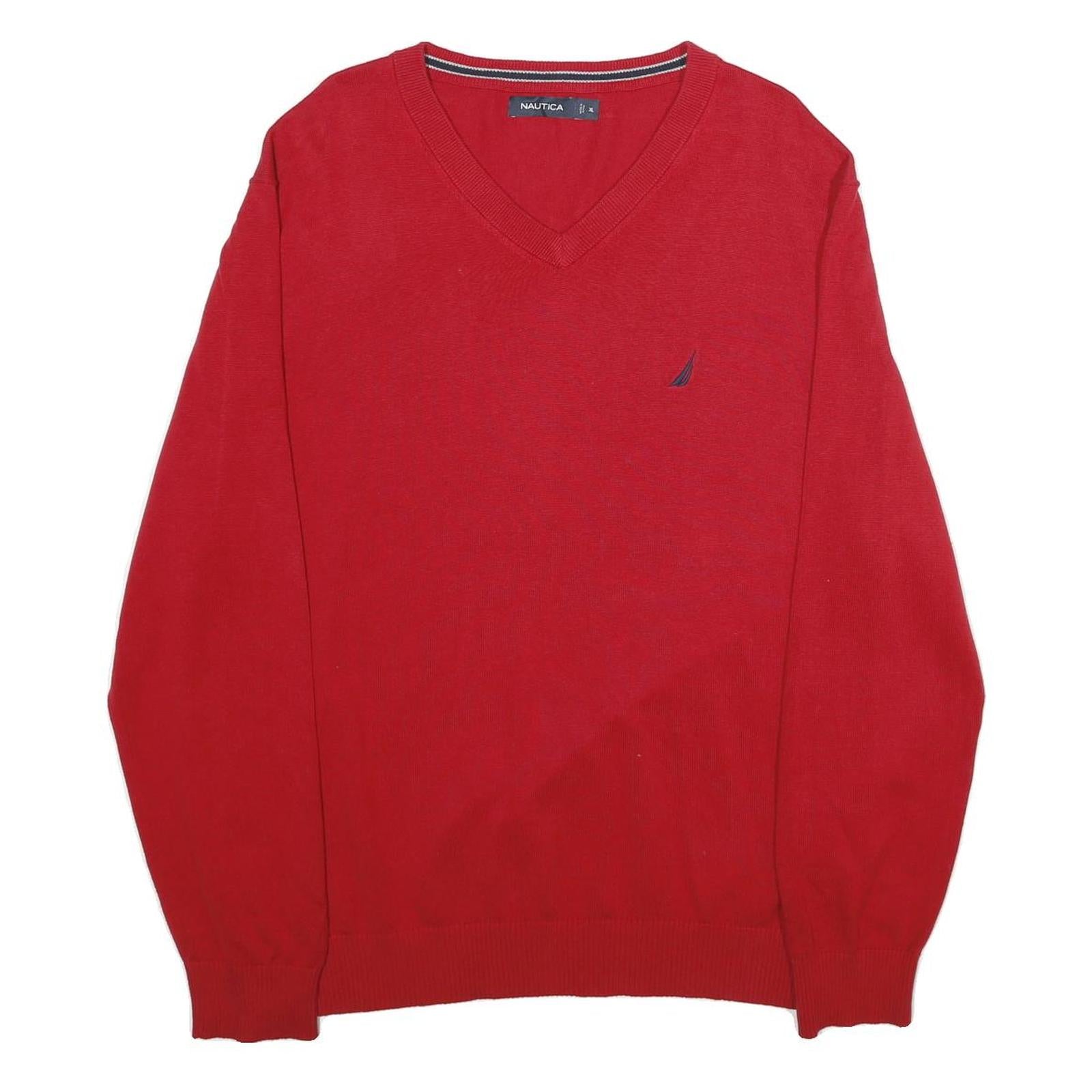 NAUTICA Mens Red Plain V-Neck Basic Knit Jumper XL Cotton Casual Comfort Refurbished - N/A refurbished available on Cerqular