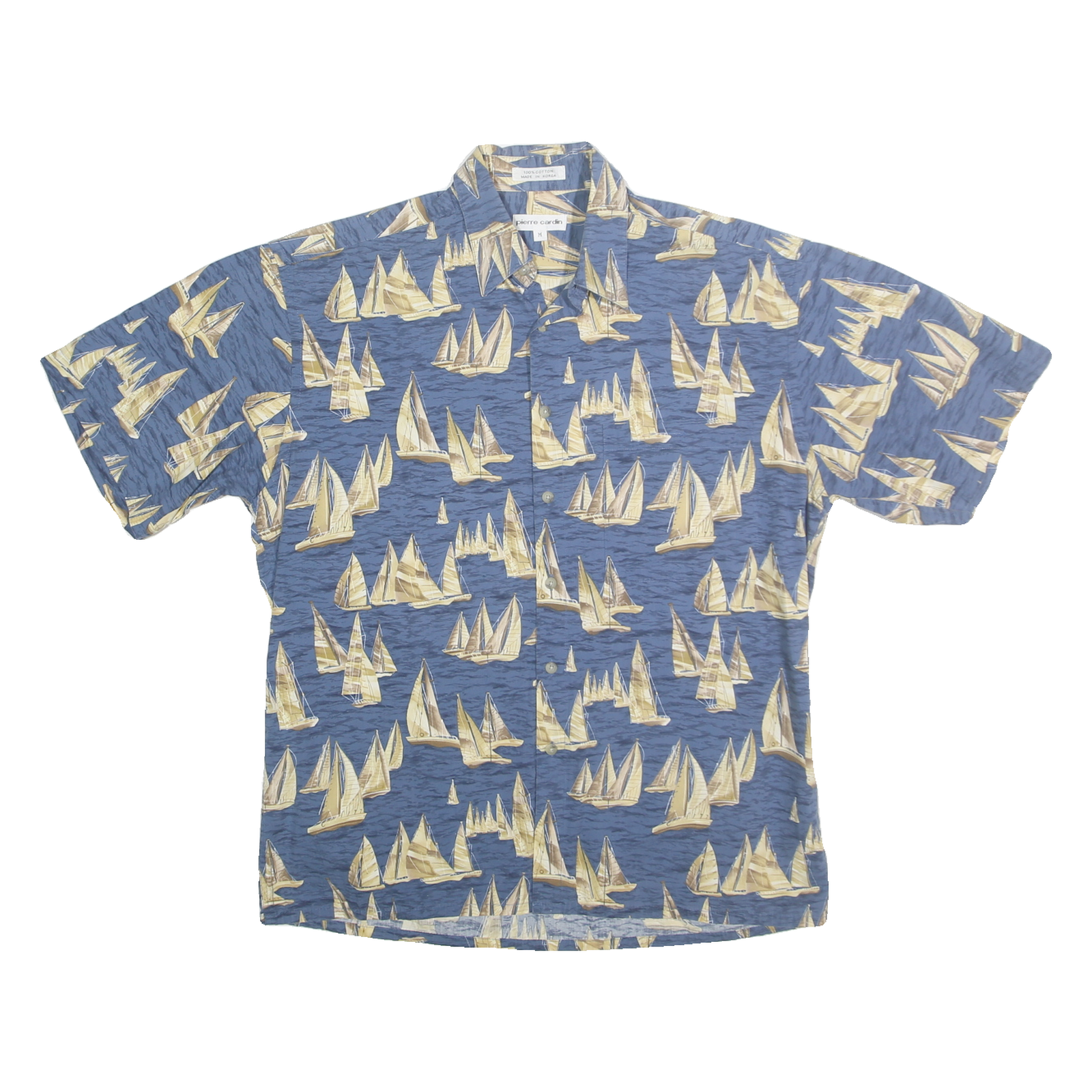 PIERRE CARDIN Mens Blue & Beige Cotton Shirt M Sailing Boat Print Casual Summer Refurbished - N/A refurbished available on Cerqular