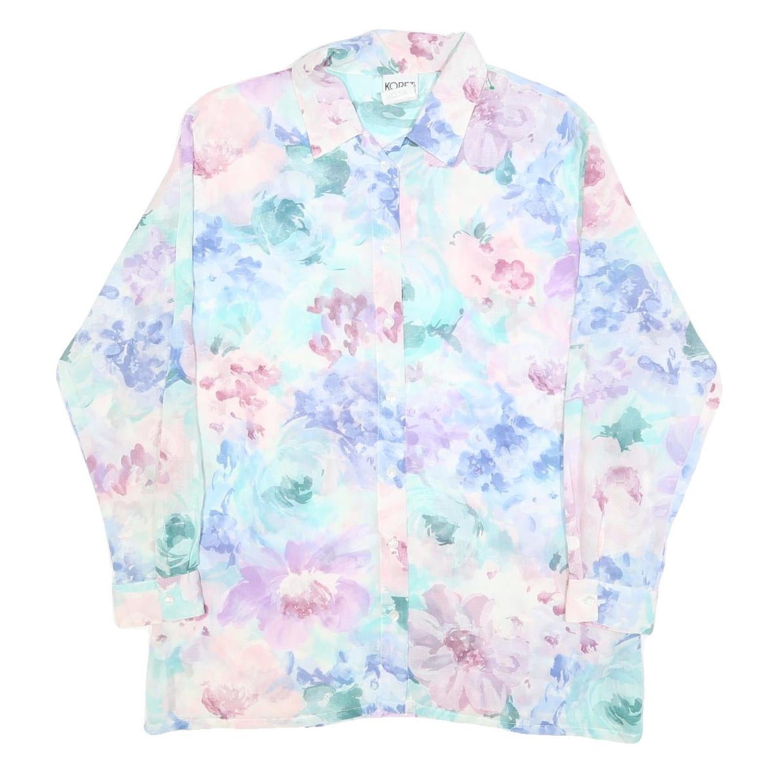 KORET Womens Pastel Blue & Pink Floral Shirt Long Sleeve Collared L Blouse Refurbished - N/A refurbished available on Cerqular