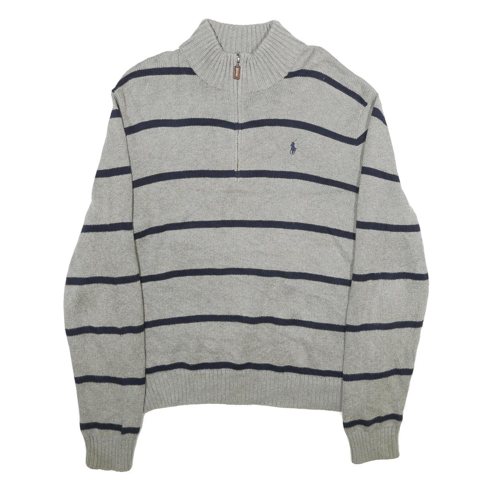 POLO RALPH LAUREN Mens Grey & Navy Striped Pattern Jumper Half Zip Crew Knit L Refurbished - N/A refurbished available on Cerqular