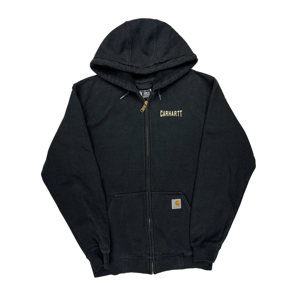 Rugged Quality Carhartt Graphic Hoodie - Small Black Cotton Refurbished - Thrifted (note: this is a term often used to describe second- refurbished available on Cerqular