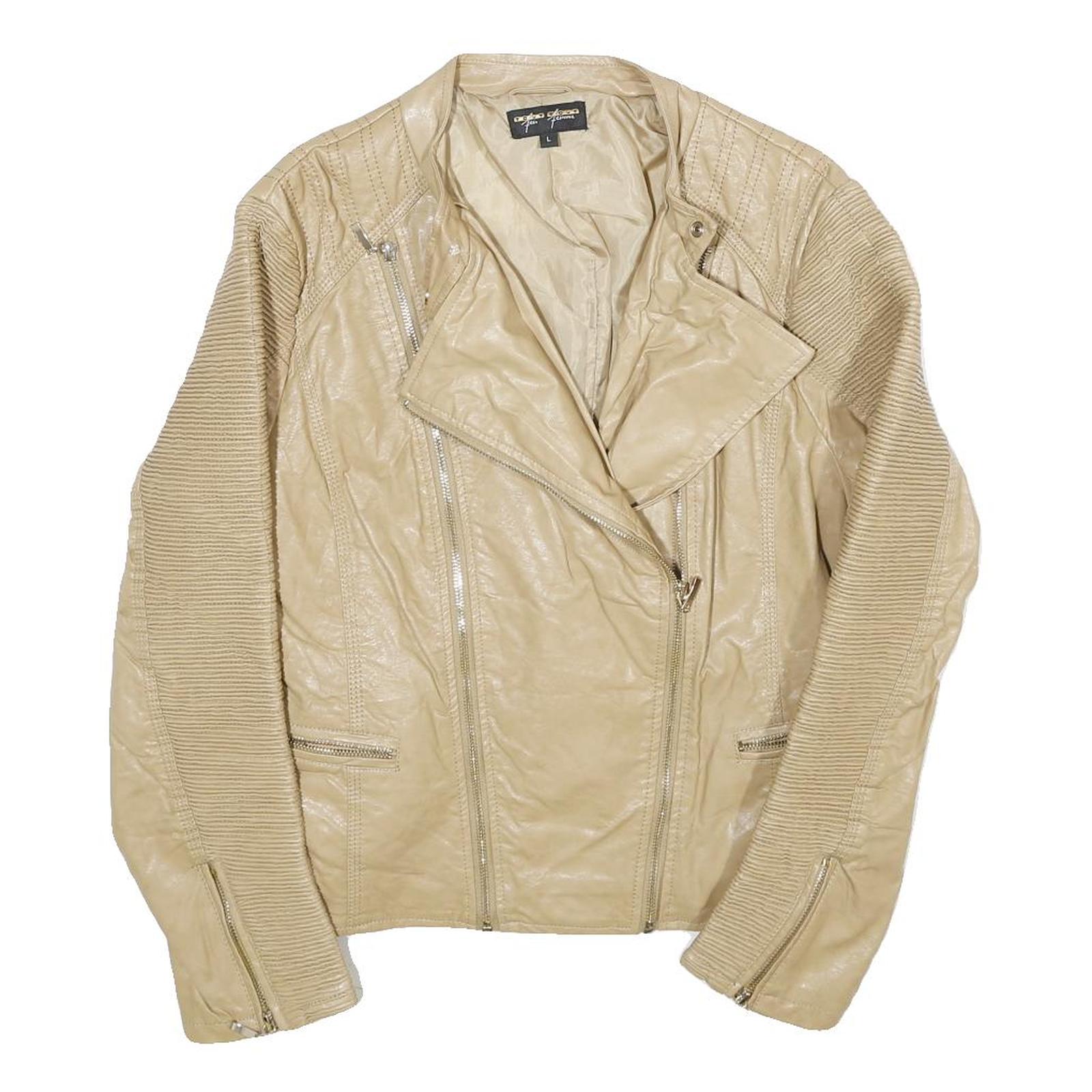TOUT TOUT Womens Beige Faux Leather Moto Jacket L Zip Biker Slim Fit Stylish Refurbished - N/A refurbished available on Cerqular