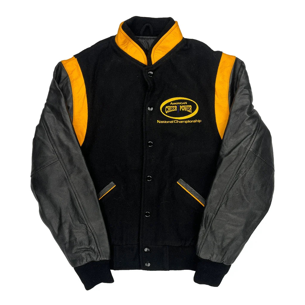 National Champion American Cheer Power Varsity Jacket - Small Grey Leather Refurbished - Thrifted (note: this is a term often used to describe second- refurbished available on Cerqular
