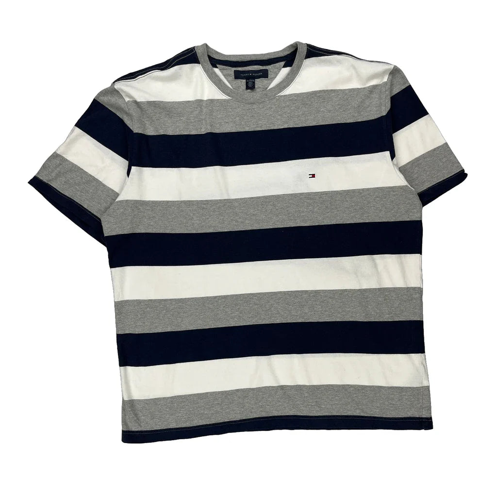 Tommy Hilfiger Striped T-Shirt - XL Grey Cotton Refurbished - Thrifted (note: this is a term often used to describe second- refurbished available on Cerqular