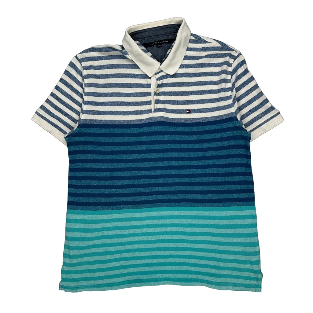 Tommy Hilfiger Striped Polo Shirt - XL Blue Cotton Refurbished - Thrifted (note: this is a term often used to describe second- refurbished available on Cerqular