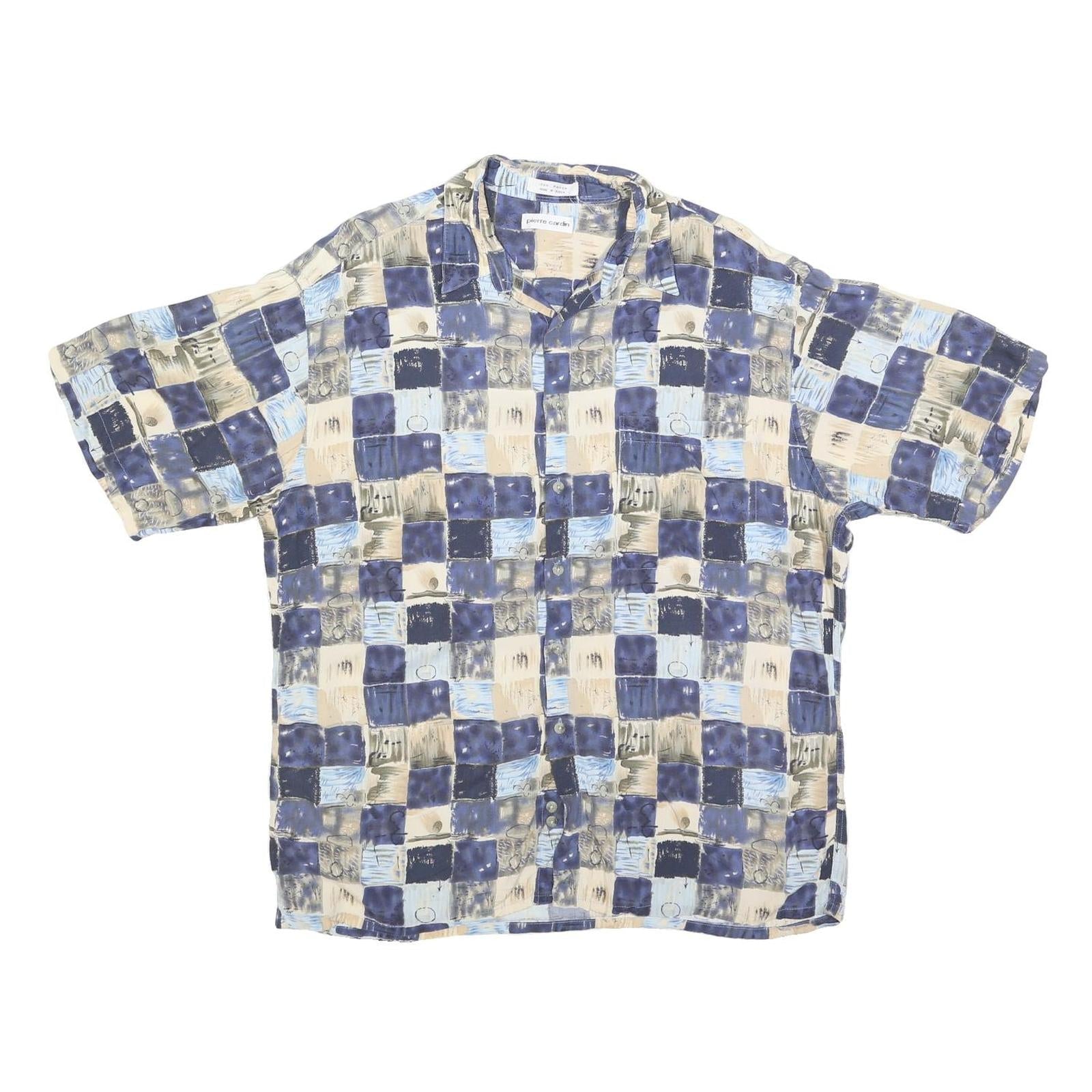 PIERRE CARDIN Mens Blue Beige Pattern Rayon Shirt L Casual Short Sleeve Button Refurbished - N/A refurbished available on Cerqular