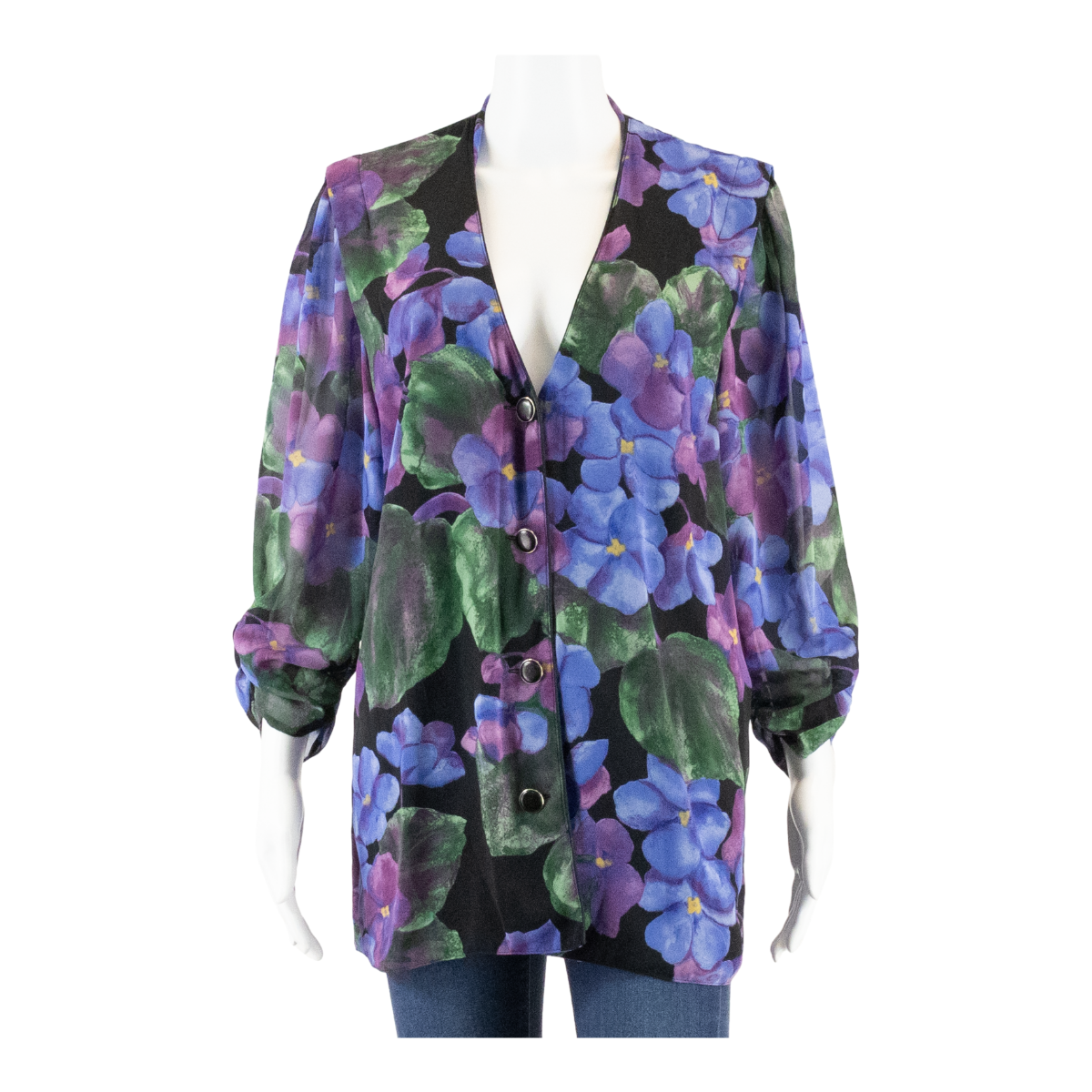 Womens Blouse Black V-Neck 3/4 Sleeve Floral M Refurbished - N/A refurbished available on Cerqular