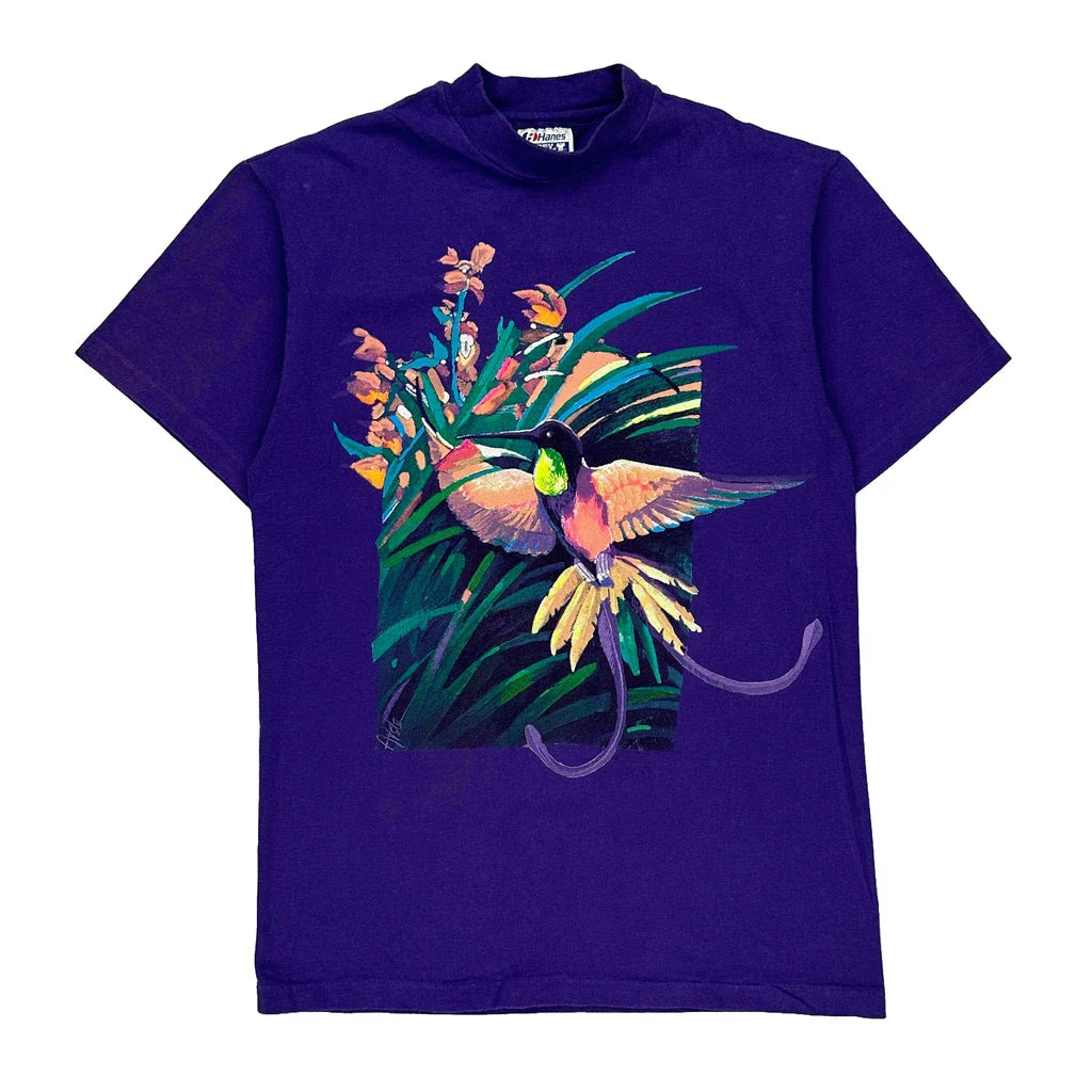 Single Stitch Hanes Graphic T-Shirt - Small Purple Cotton Refurbished - Thrifted (note: this is a term often used to describe second- refurbished available on Cerqular