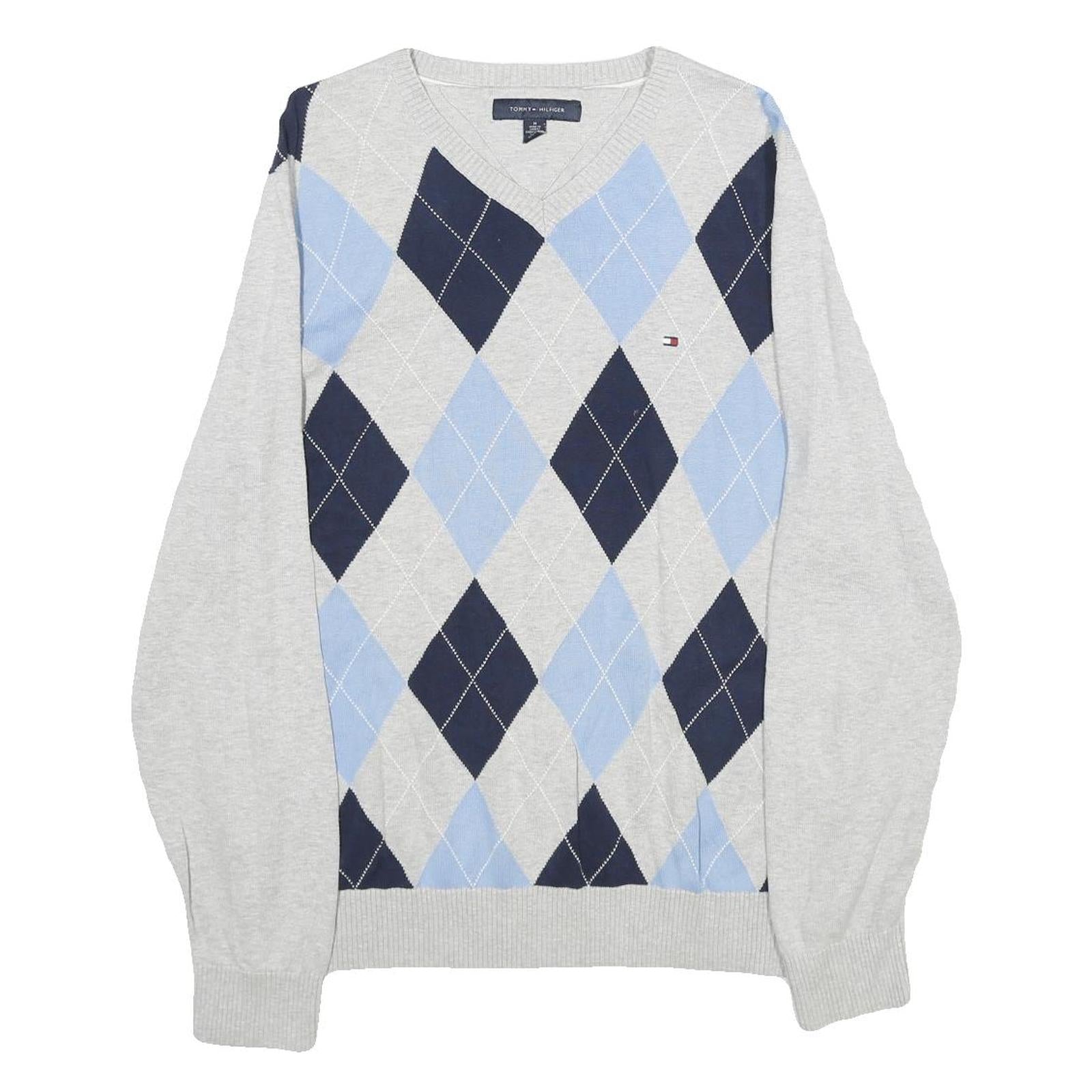 TOMMY HILFIGER Mens Grey Blue Argyle V-Neck Cotton Jumper M Classic Pre-Loved Refurbished - N/A refurbished available on Cerqular