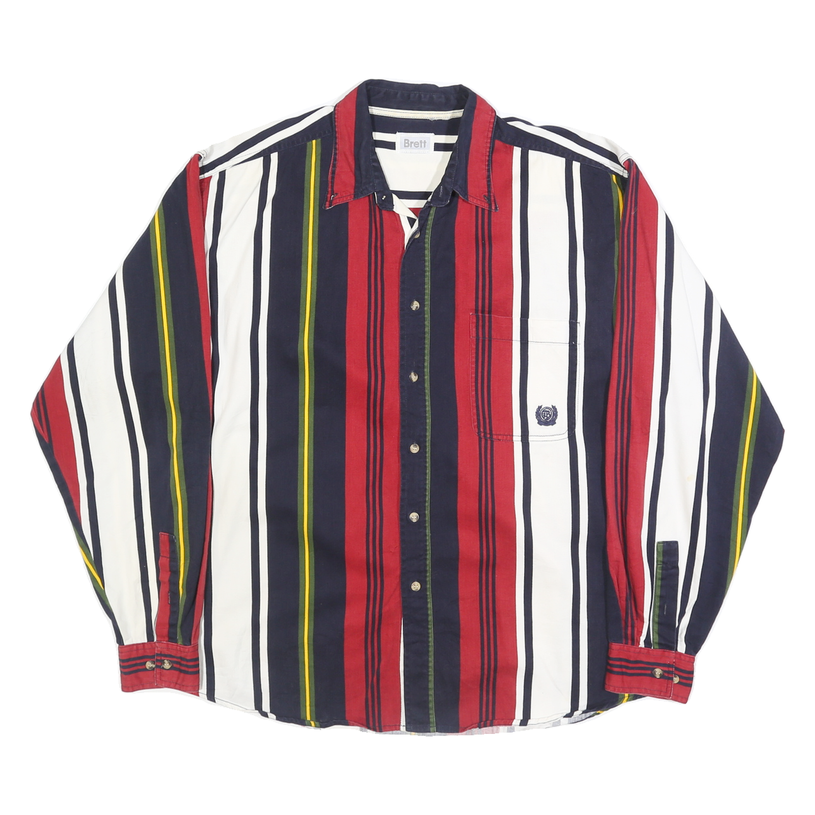 BRETT Mens Red & Navy Stripe Cotton Shirt XL Casual Long Sleeve Pocket Button Refurbished - N/A refurbished available on Cerqular