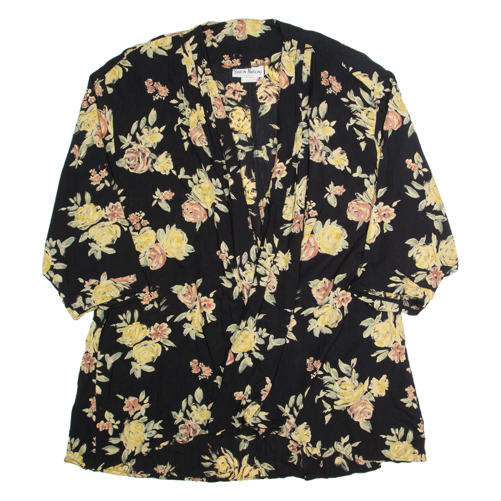 SHARON ANTHONY Womens Kimono Blouse Black 3/4 Sleeve 90s Floral 3XL Refurbished - N/A refurbished available on Cerqular