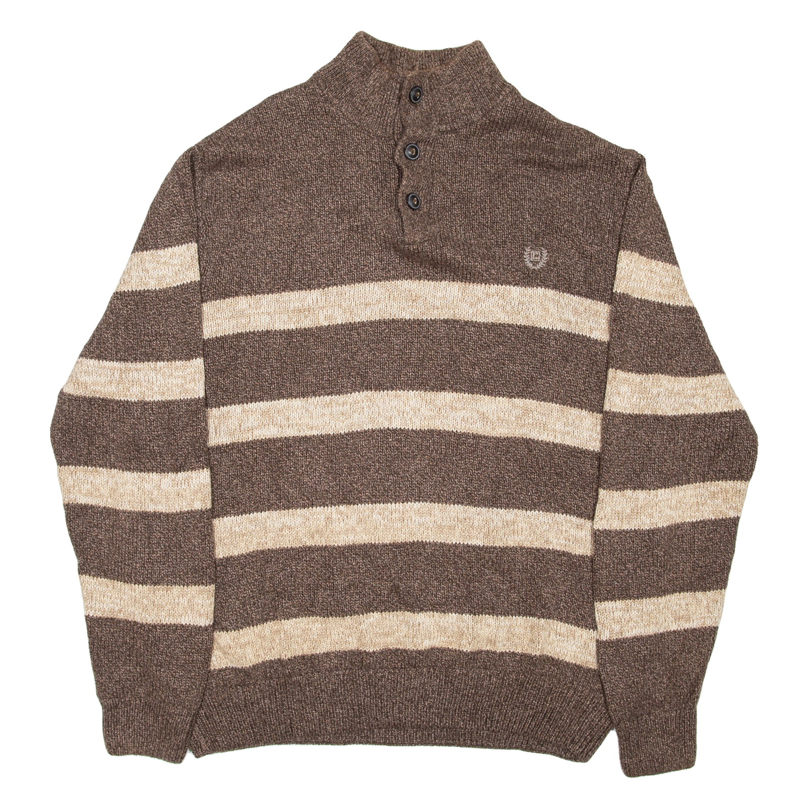 CHAPS Mens Patterned Jumper Brown Striped Button Neck Chunky Knit L Refurbished - N/A refurbished available on Cerqular