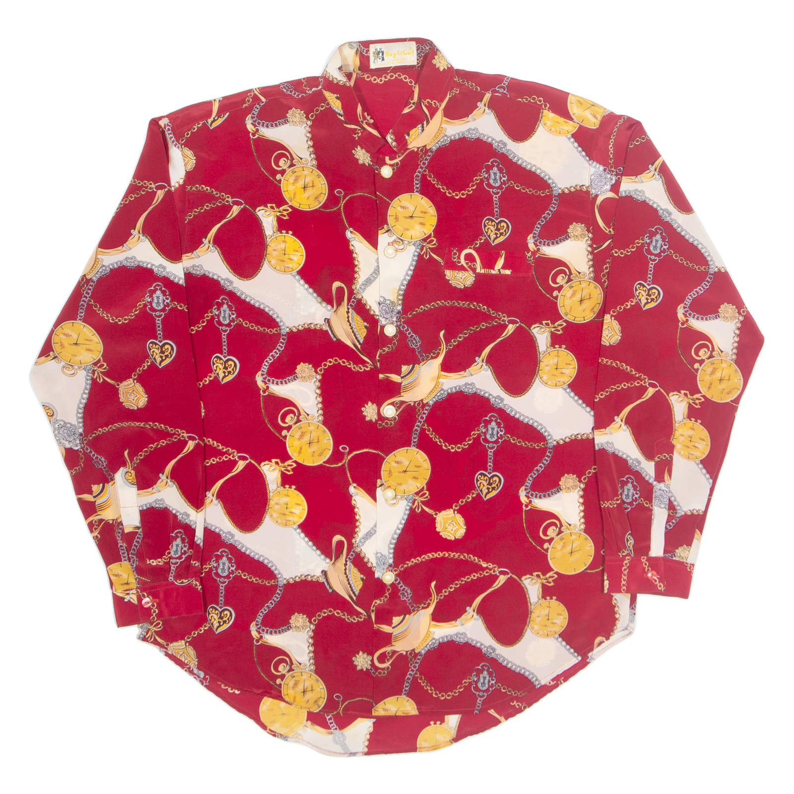 BOY & GIRL Clock Womens Printed Shirt Red Collared 90s Crazy Pattern L Refurbished - N/A refurbished available on Cerqular
