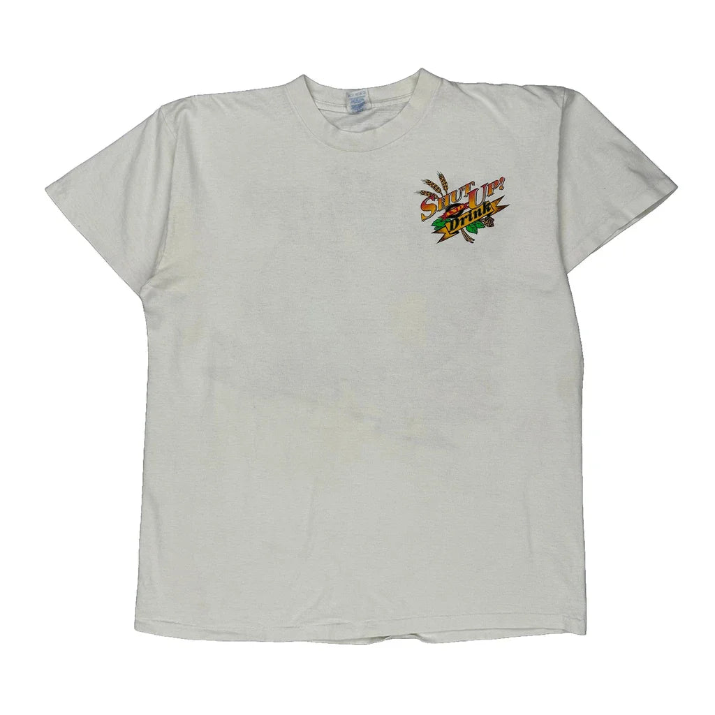 Shut Up! And Drink Unbranded Graphic T-Shirt - XL White Cotton Refurbished - Thrifted (note: this is a term often used to describe second- refurbished available on Cerqular