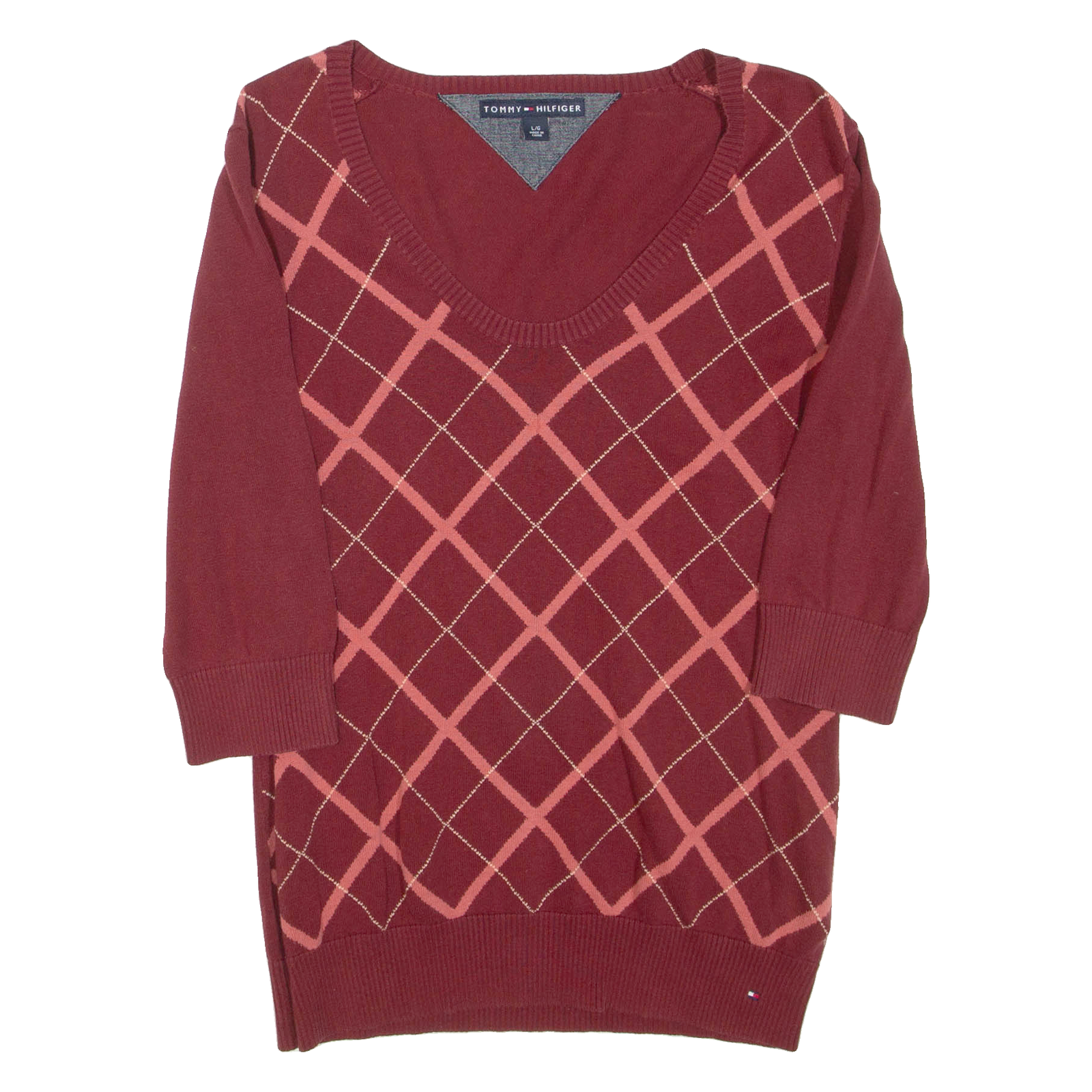 TOMMY HILFIGER Womens Patterned Jumper Maroon V-Neck Tight Knit 3/4 Sleeve L Refurbished - N/A refurbished available on Cerqular