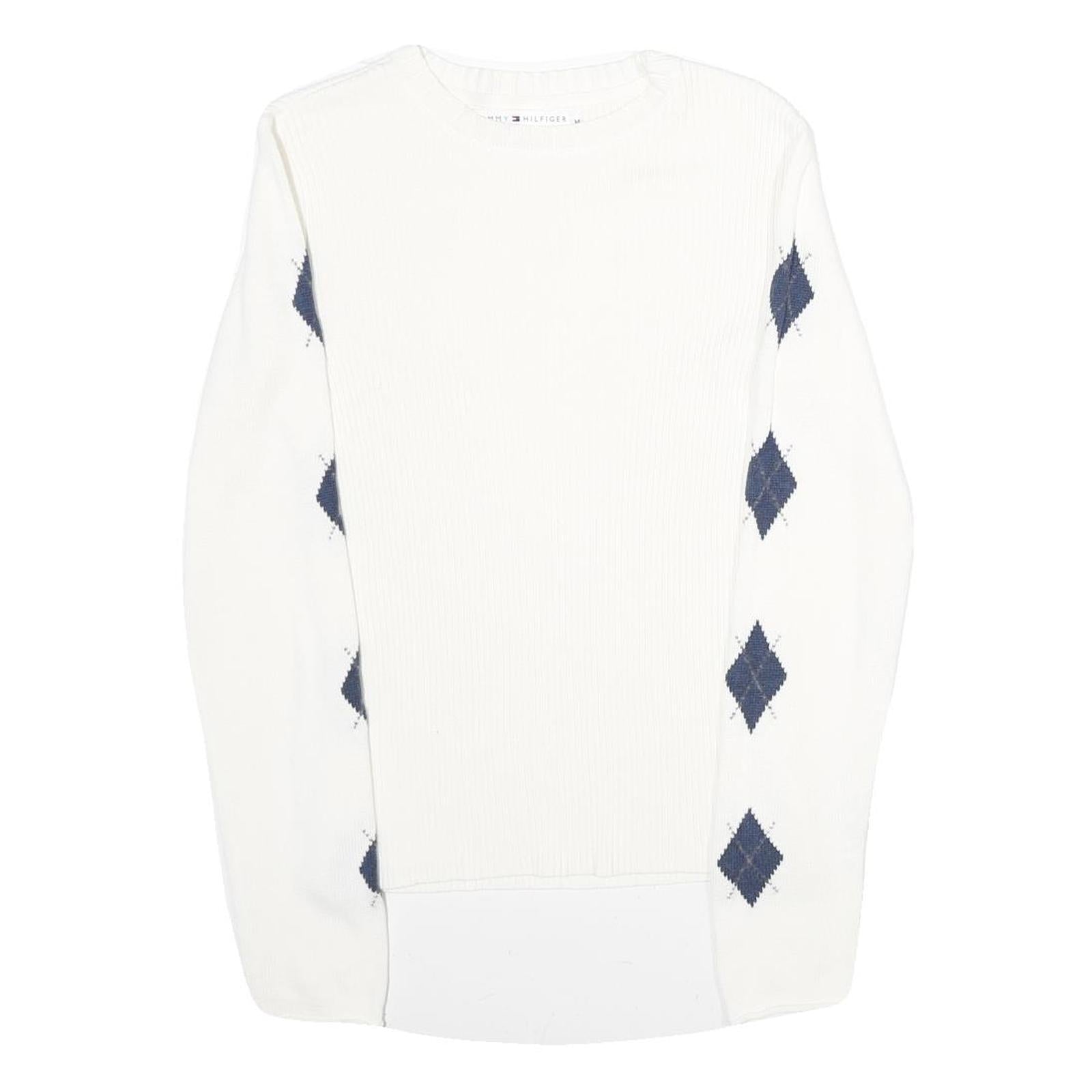 TOMMY HILFIGER Womens White & Navy Patterned Classic Crew Neck Basic Knit Jumper Refurbished - N/A refurbished available on Cerqular