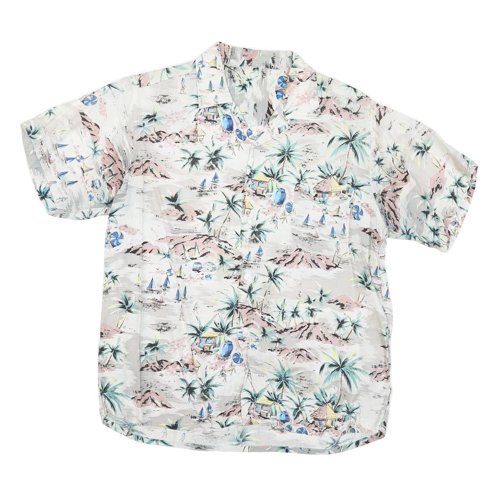 Mens White Pastel Island Print Casual Shirt M Short Sleeve Button Polyester Refurbished - N/A refurbished available on Cerqular