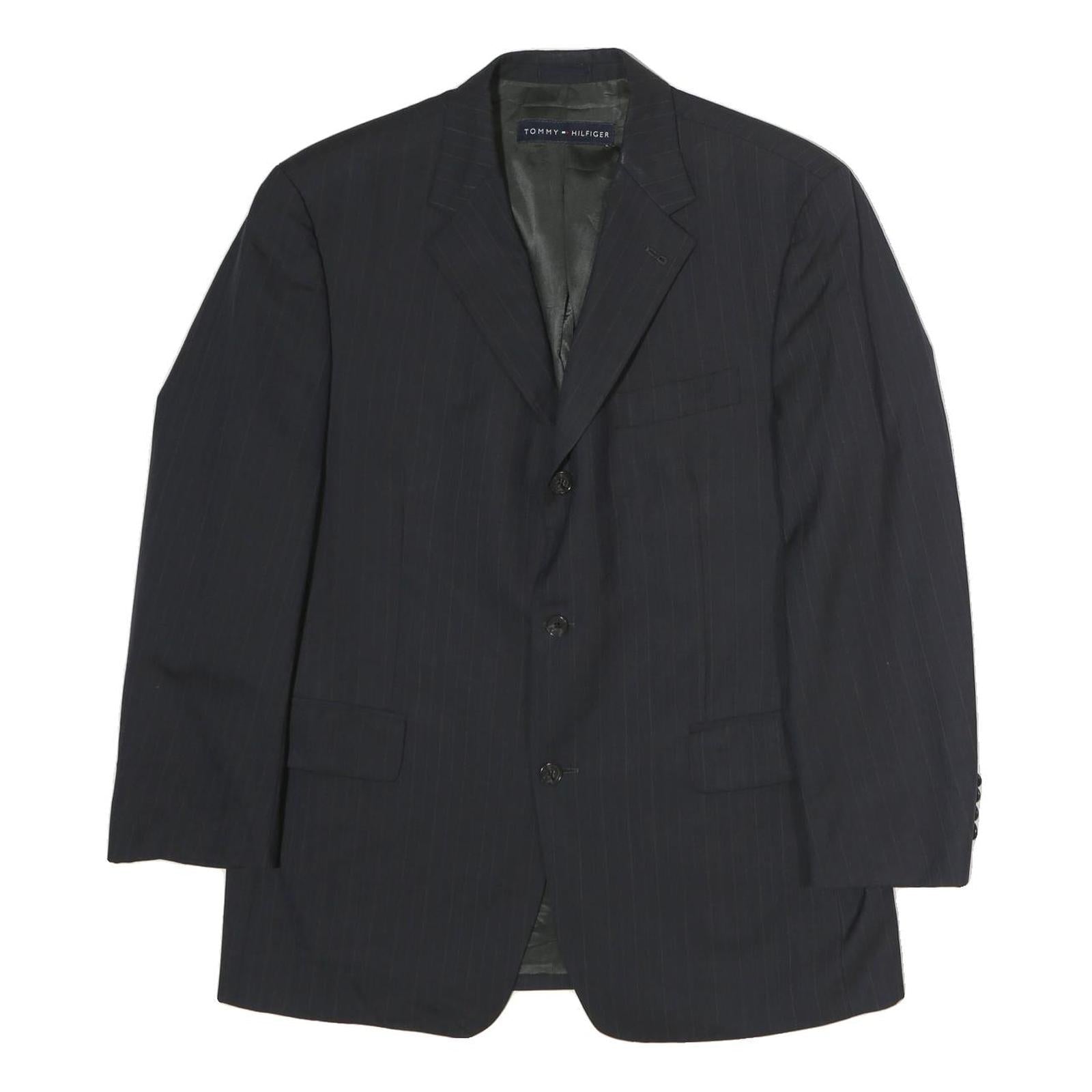 TOMMY HILFIGER Mens Black Pinstripe Blazer Jacket L Cotton Classic Tailored Refurbished - N/A refurbished available on Cerqular