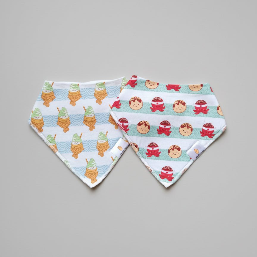 Organic Cotton Bandana Bibs 2pcs Set - Takoyaki + Taiyaki | Design: Sushi + Tempura Refurbished - The Wee Bean refurbished available on Cerqular