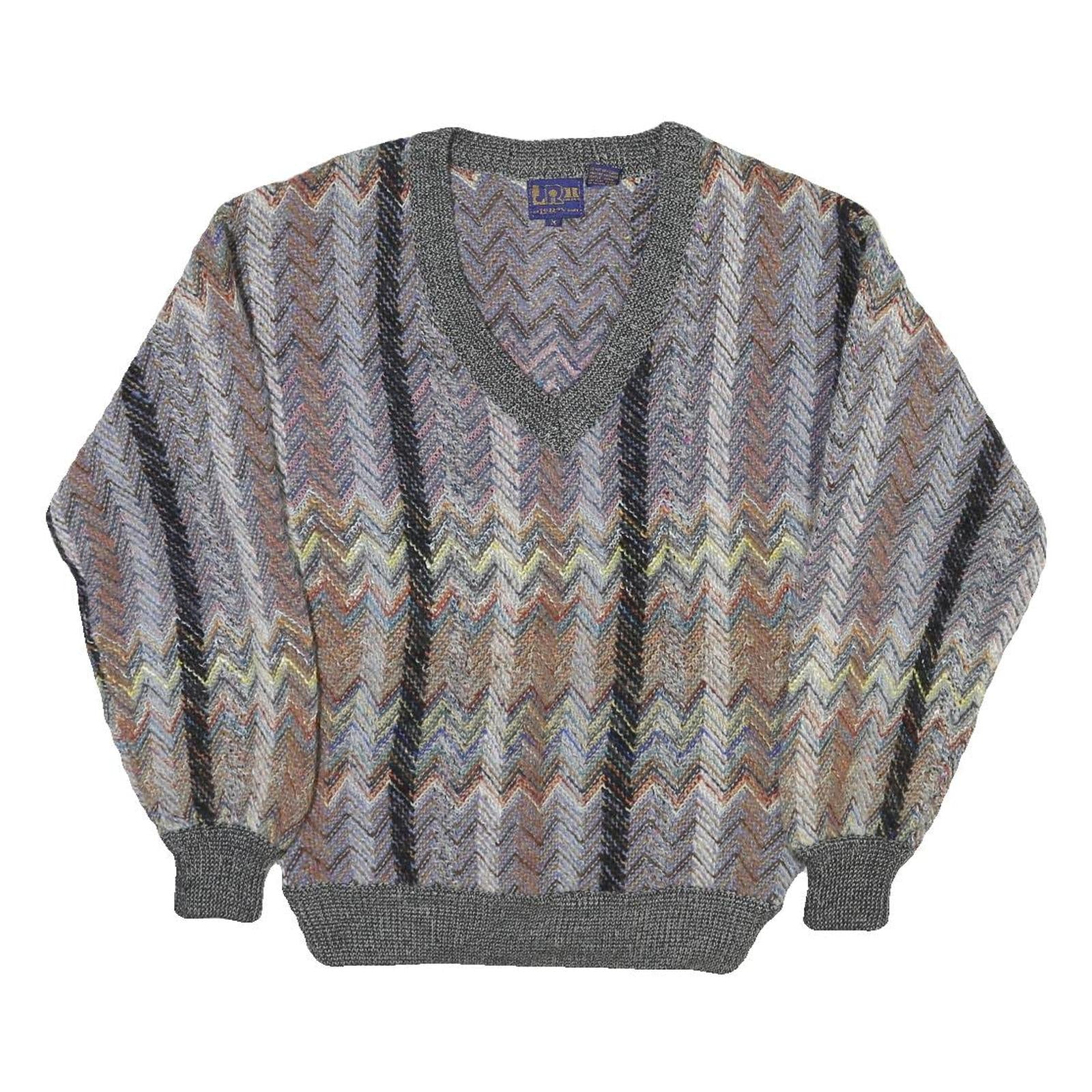 LE REY Womens Grey Patterned V-Neck Chunky Knit Jumper M Cotton Blend Refurbished - N/A refurbished available on Cerqular