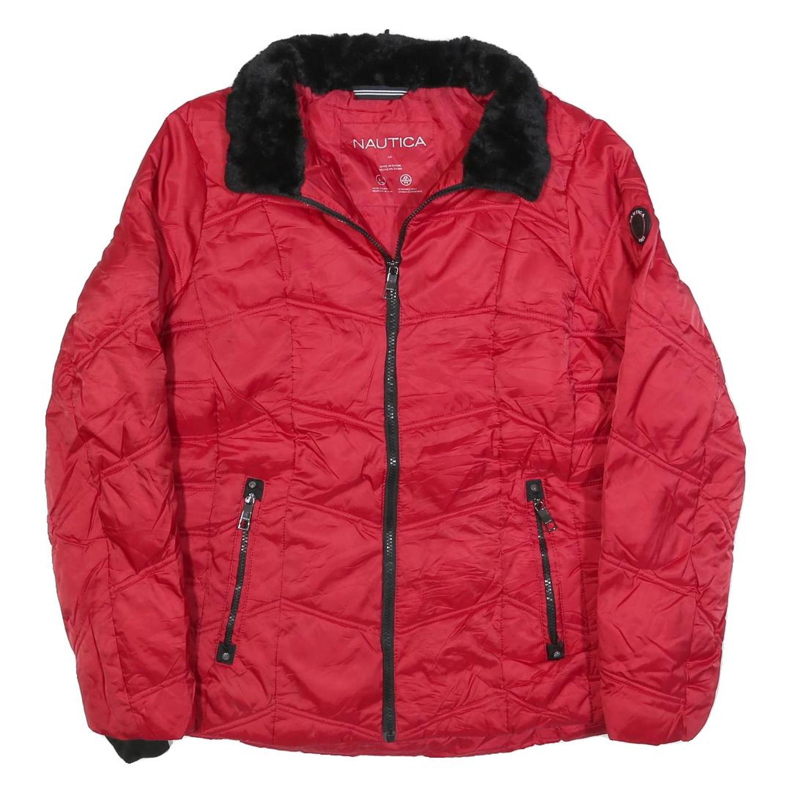 NAUTICA Womens Red Jacket L Polyester Blend Quilted Zip Faux Fur Collar Warm Refurbished - N/A refurbished available on Cerqular
